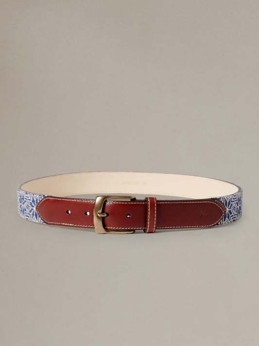 Needlepoint Belt in Snow Drift by J.McLaughlin with a cream needlepoint band rich brown bench tanned leather and an English brass buckle
