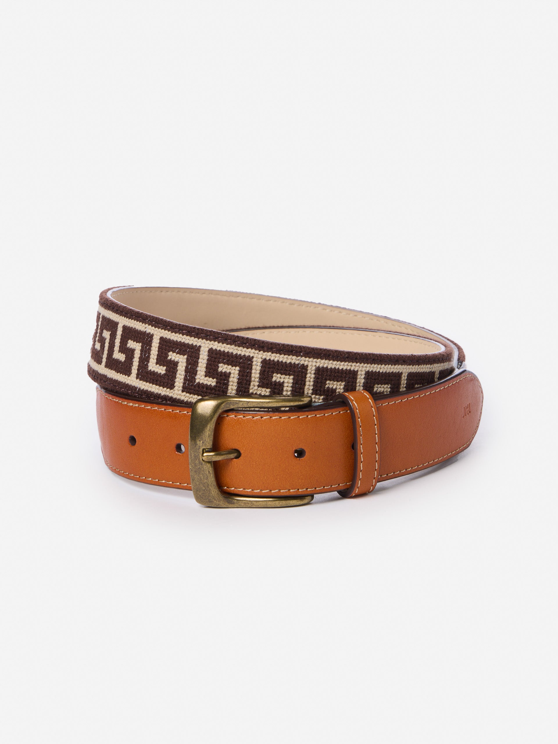 J.McLaughlin Needlepoint belt in dark brown/brown made with cotton embroidery and leather.