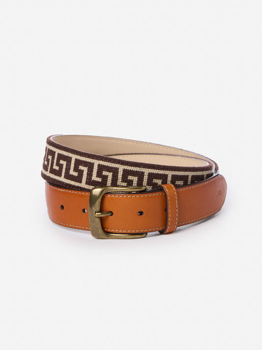 J.McLaughlin Needlepoint belt in dark brown/brown made with cotton embroidery and leather.