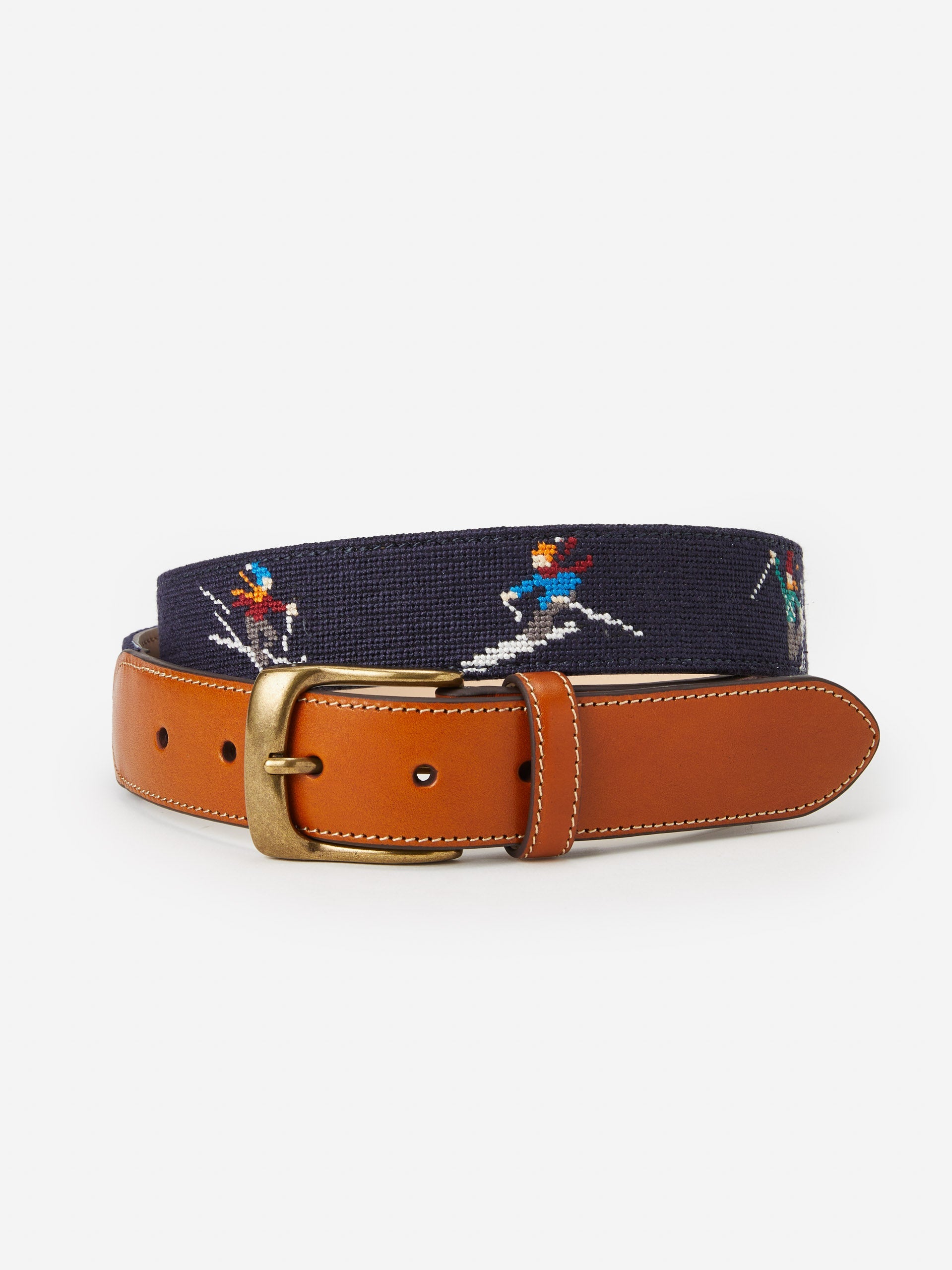 J.McLaughlin Needlepoint belt in navy made with leather and cotton webbing.