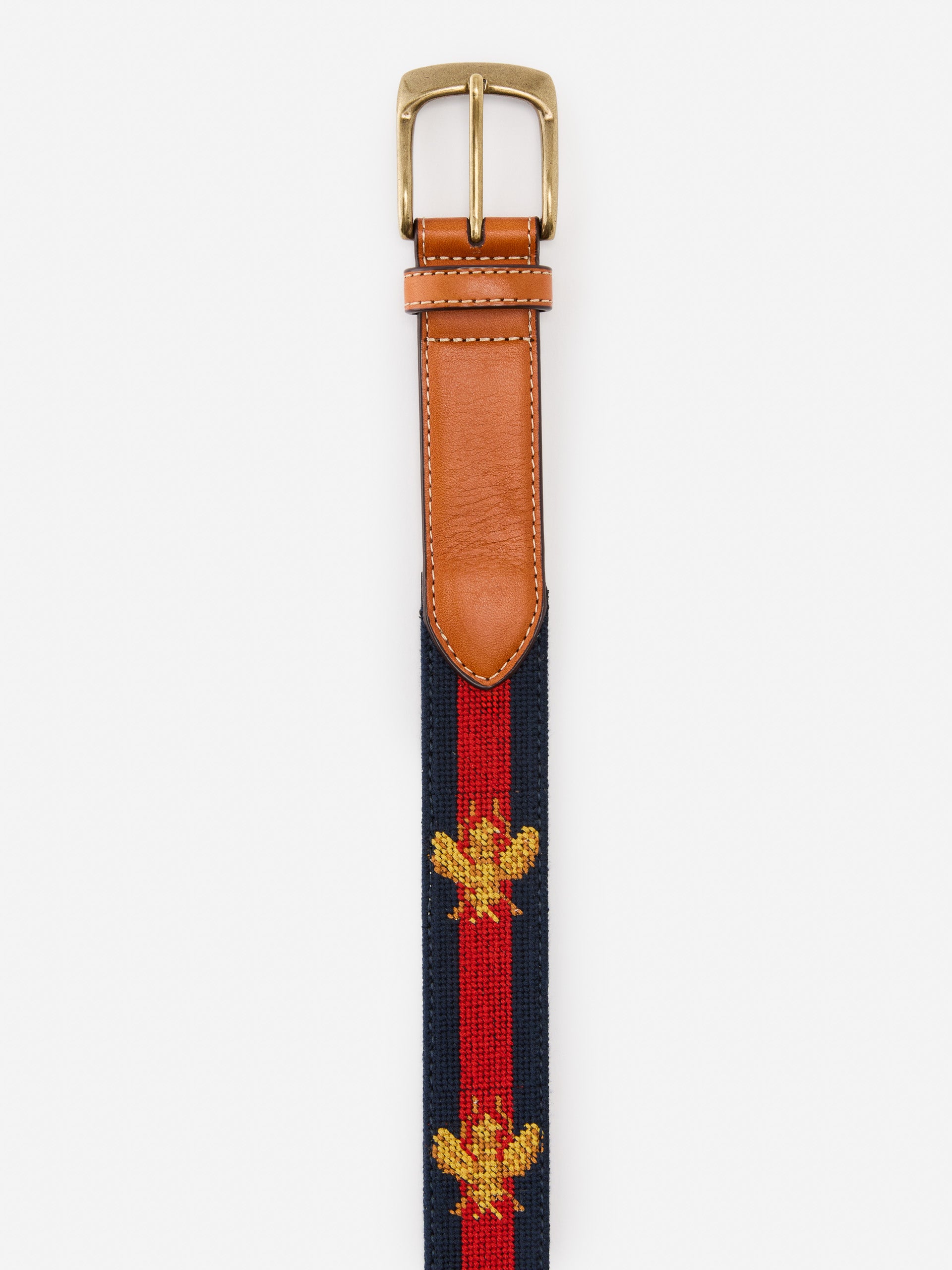 J.McLaughlin Needlepoint belt in navy/red made with cotton embroidery and leather.