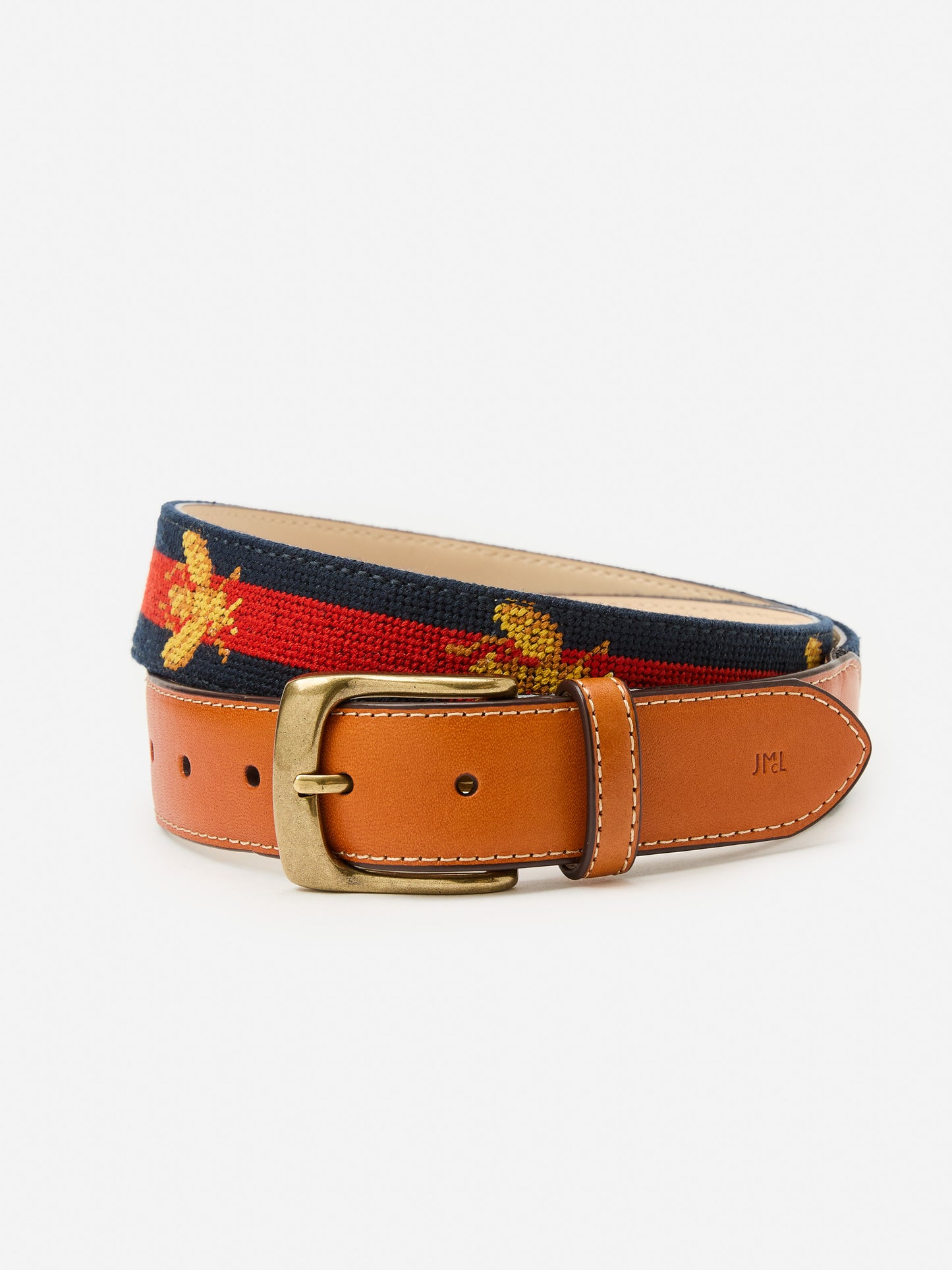 J.McLaughlin Needlepoint belt in navy/red made with cotton embroidery and leather.