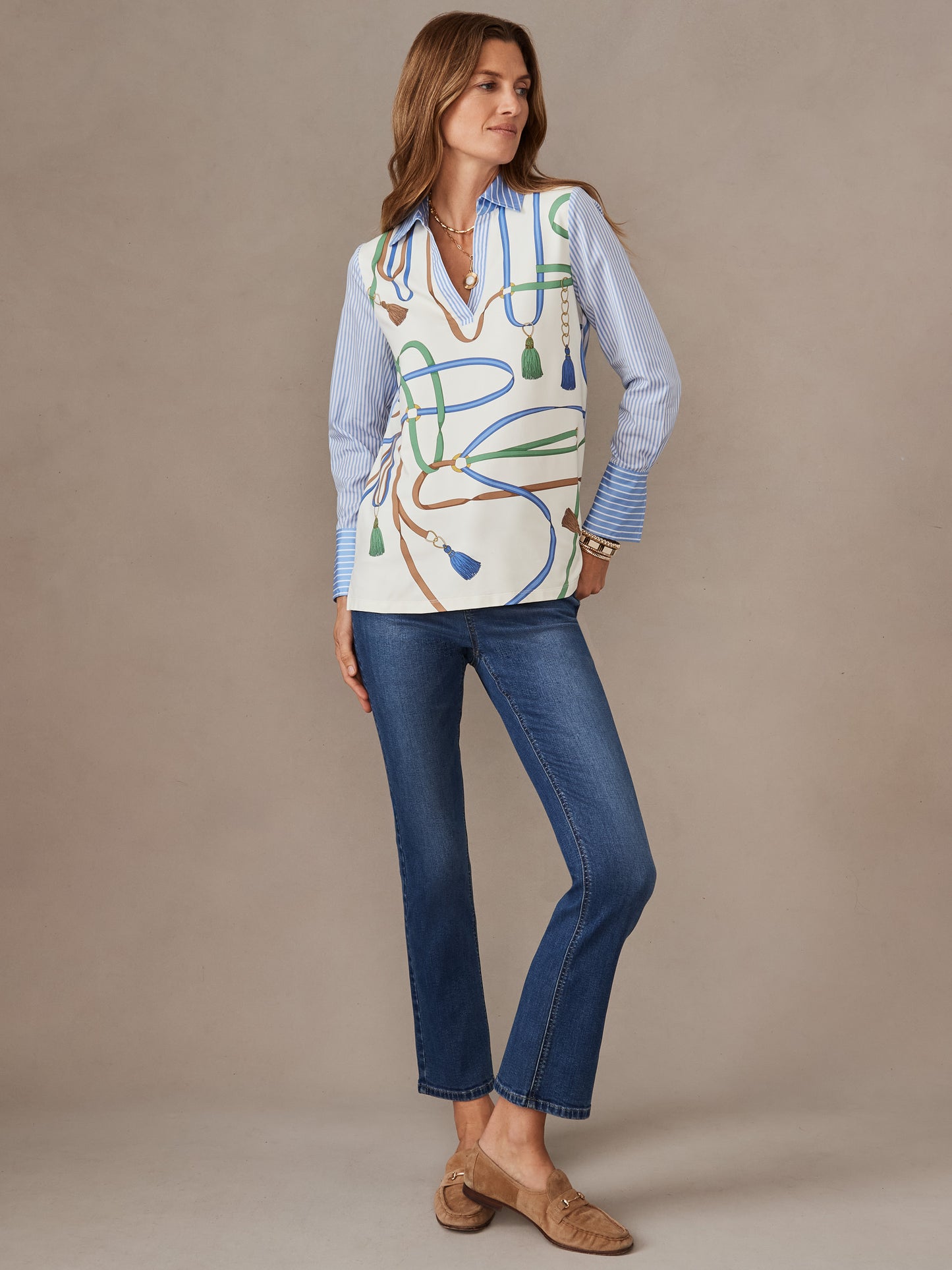 J.McLaughlin Nella top in off white/green made with Catalina cloth.