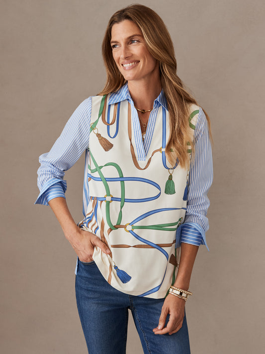 J.McLaughlin Nella top in off white/green made with Catalina cloth.