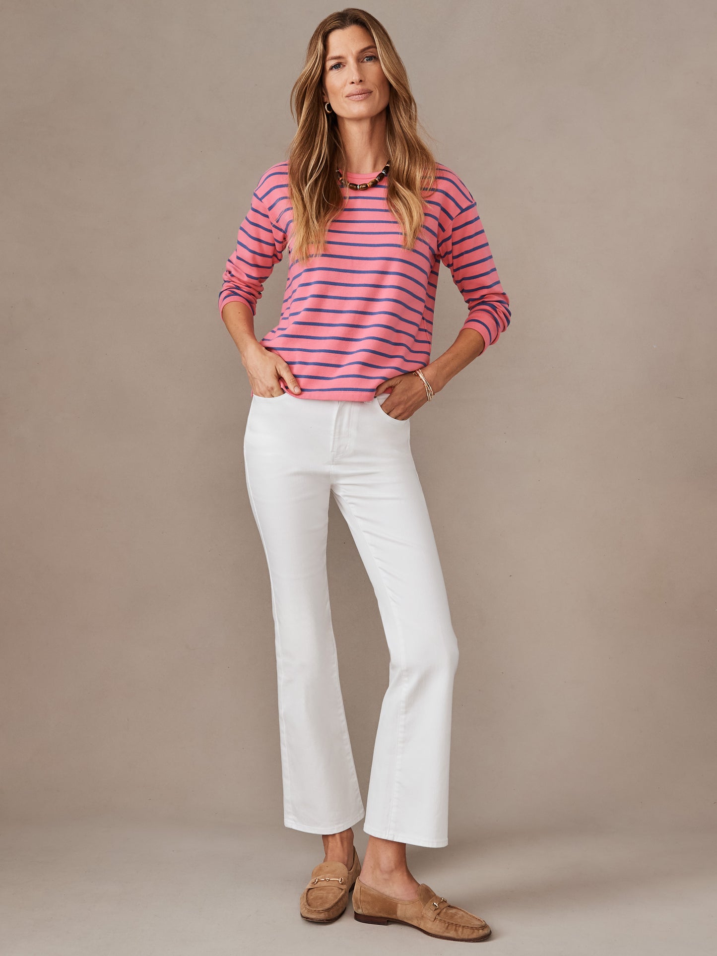 J.McLaughlin Nico tee in coral/denim made with stretch cotton. 