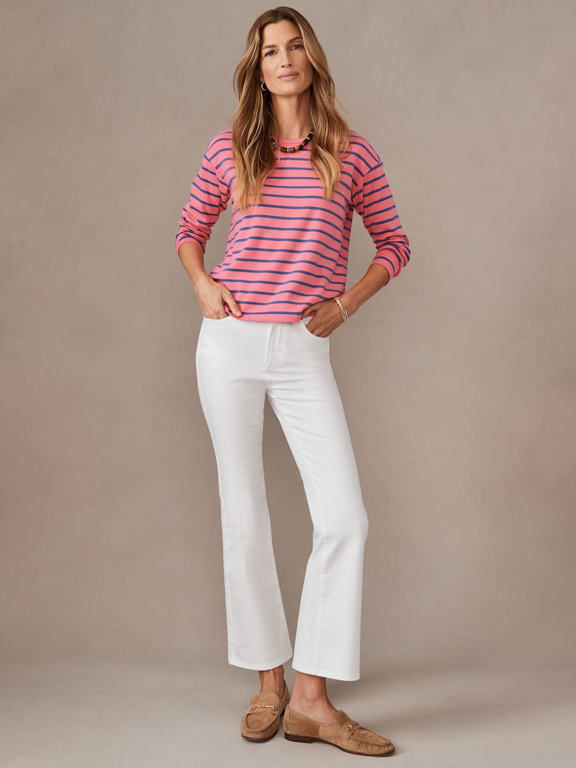 J.McLaughlin Nico tee in coral/denim made with stretch cotton. 