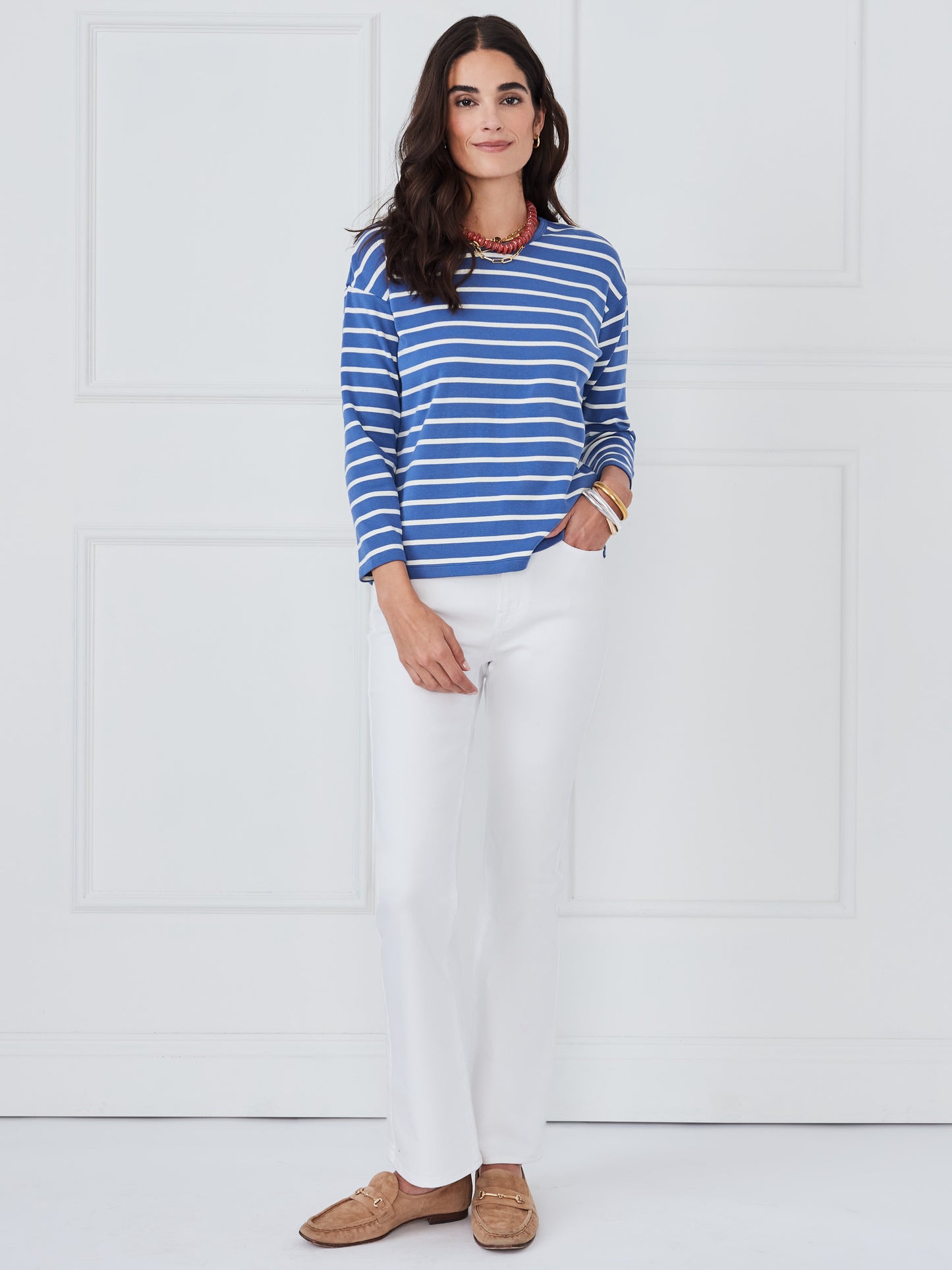 J.McLaughlin Nico tee in denim/egret white made with cotton. 
