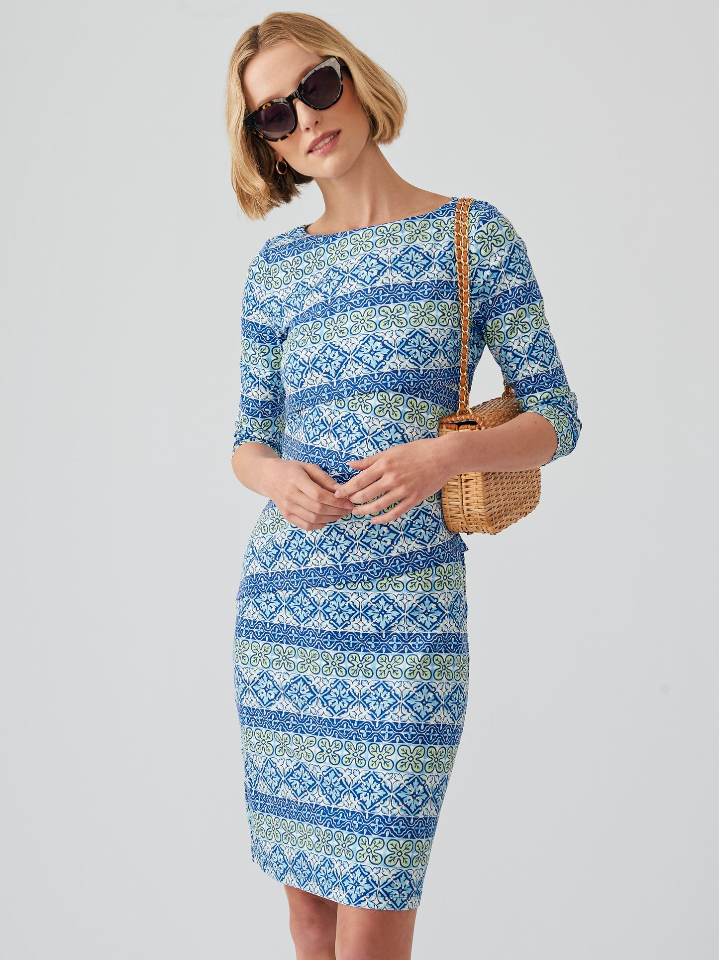 J.McLaughlin Nicola dress in blue/mint made with Catalina cloth.
