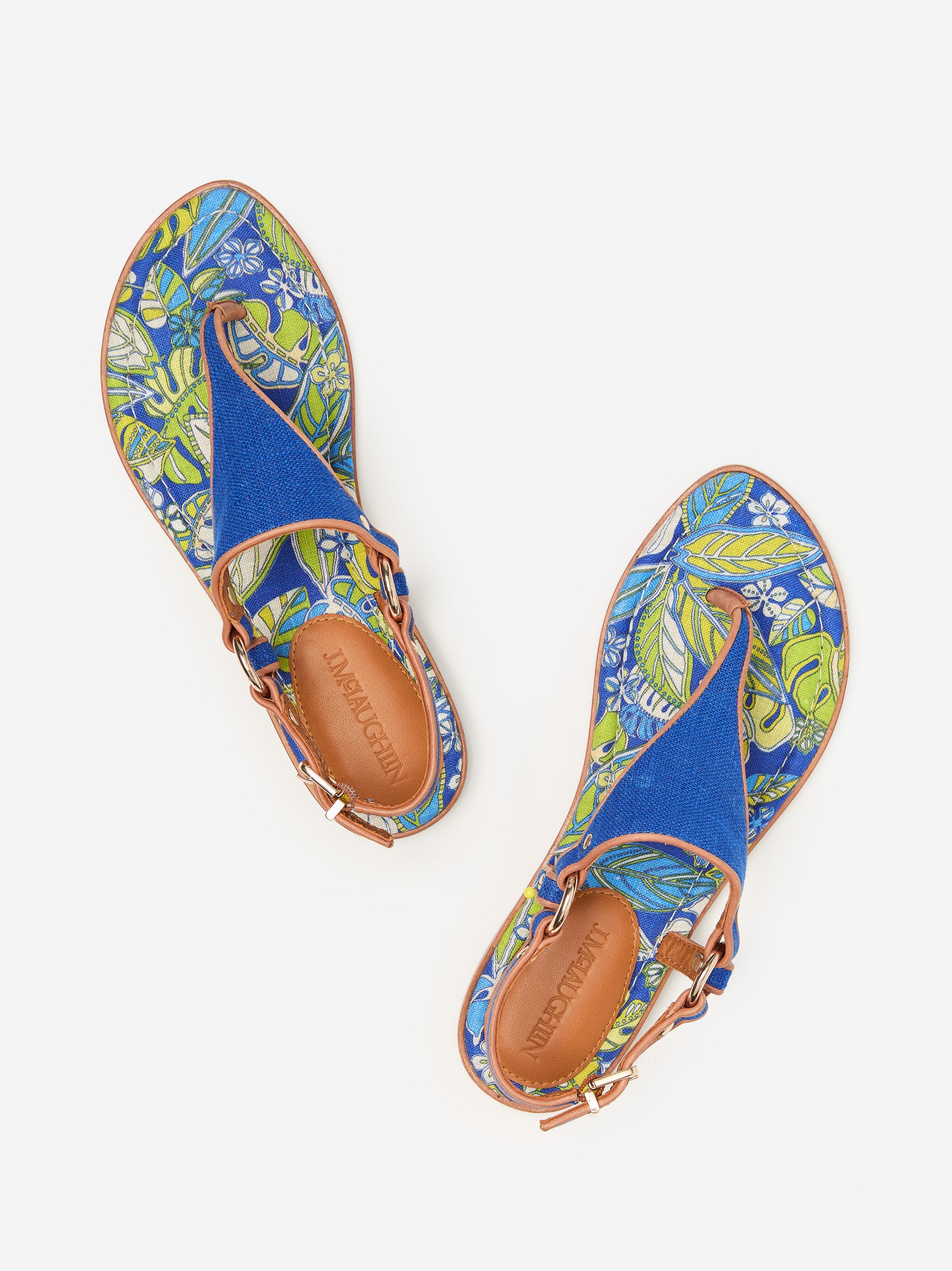 J.McLaughlin Nolita sandals in blue/brown made with canvas fabric..