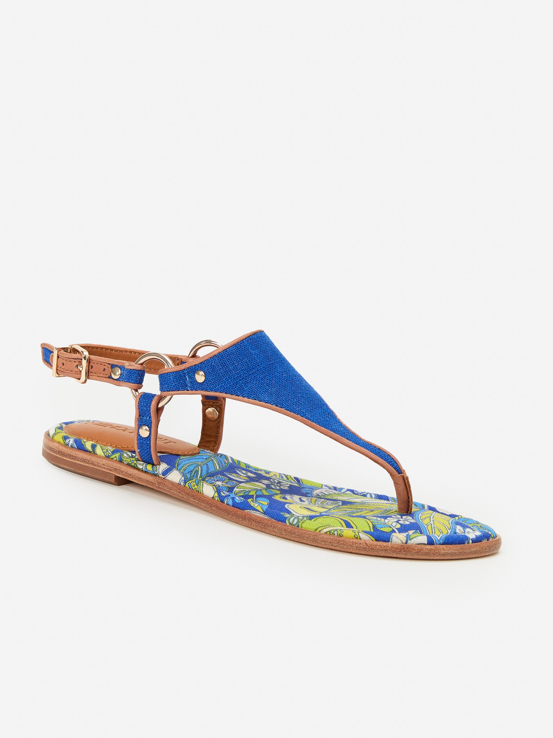 J.McLaughlin Nolita sandals in blue/brown made with canvas fabric..
