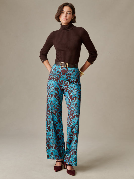 J.McLaughlin Carter Dupioni Cotton Pants in Windsor Vine styled with a brown turtleneck and burgundy heels for effortlessly stylish statement dressing