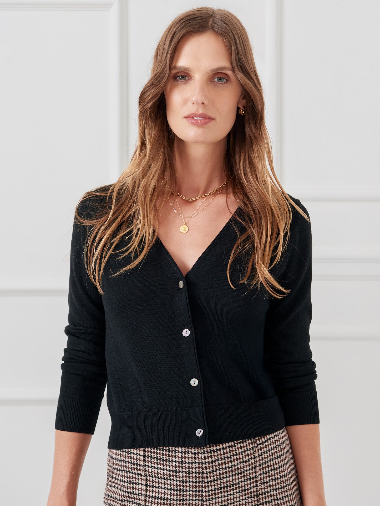 J.McLaughlin Olivette cardigan in black made with merino wool and silk.