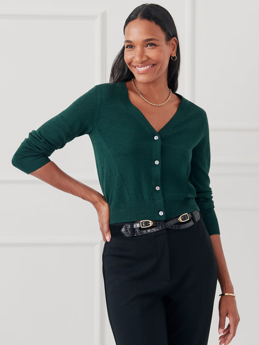 J.McLaughlin Olivette cardigan in dark green made with merino wool and silk.