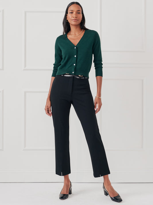 Model wearing J.McLaughlin Deanne pants in black made with Bainbridge fabric.