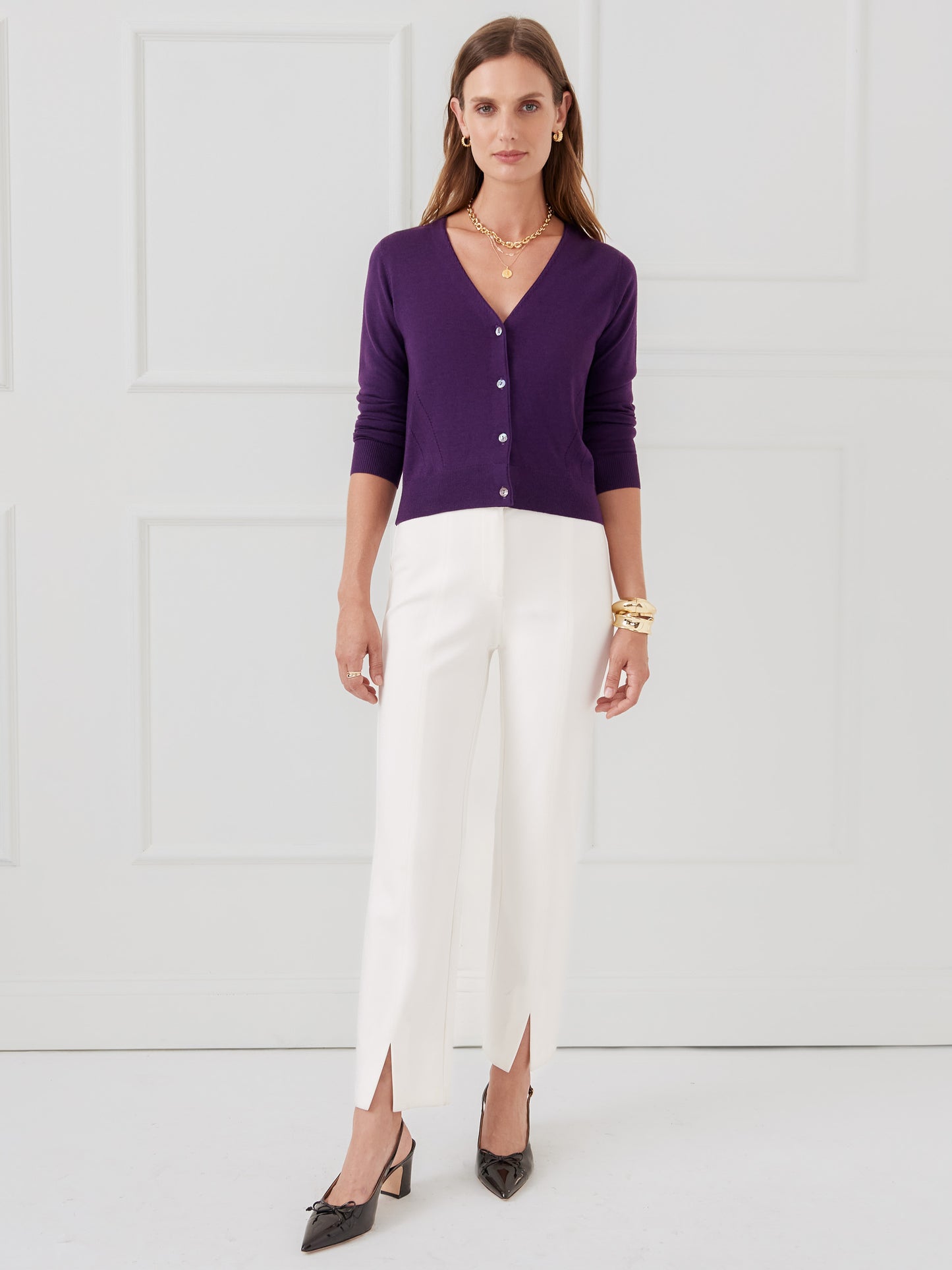 J.McLaughlin Olivette cardigan in purple made with merino wool and silk.
