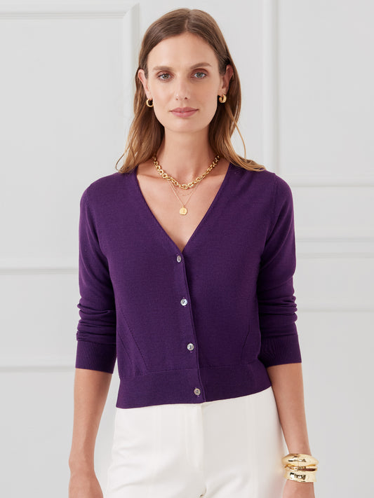 J.McLaughlin Olivette cardigan in purple made with merino wool and silk.