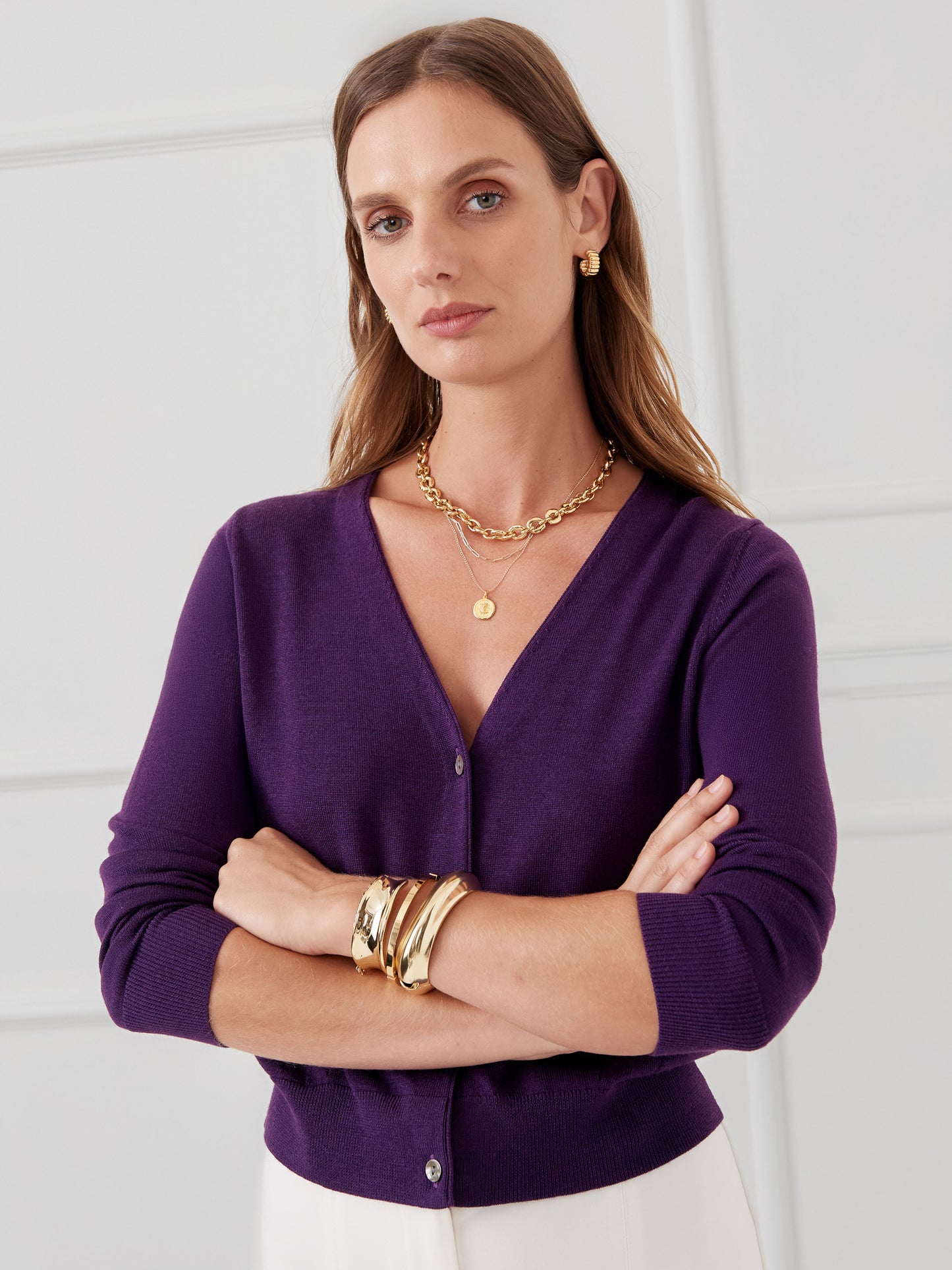 J.McLaughlin Olivette cardigan in purple made with merino wool and silk.