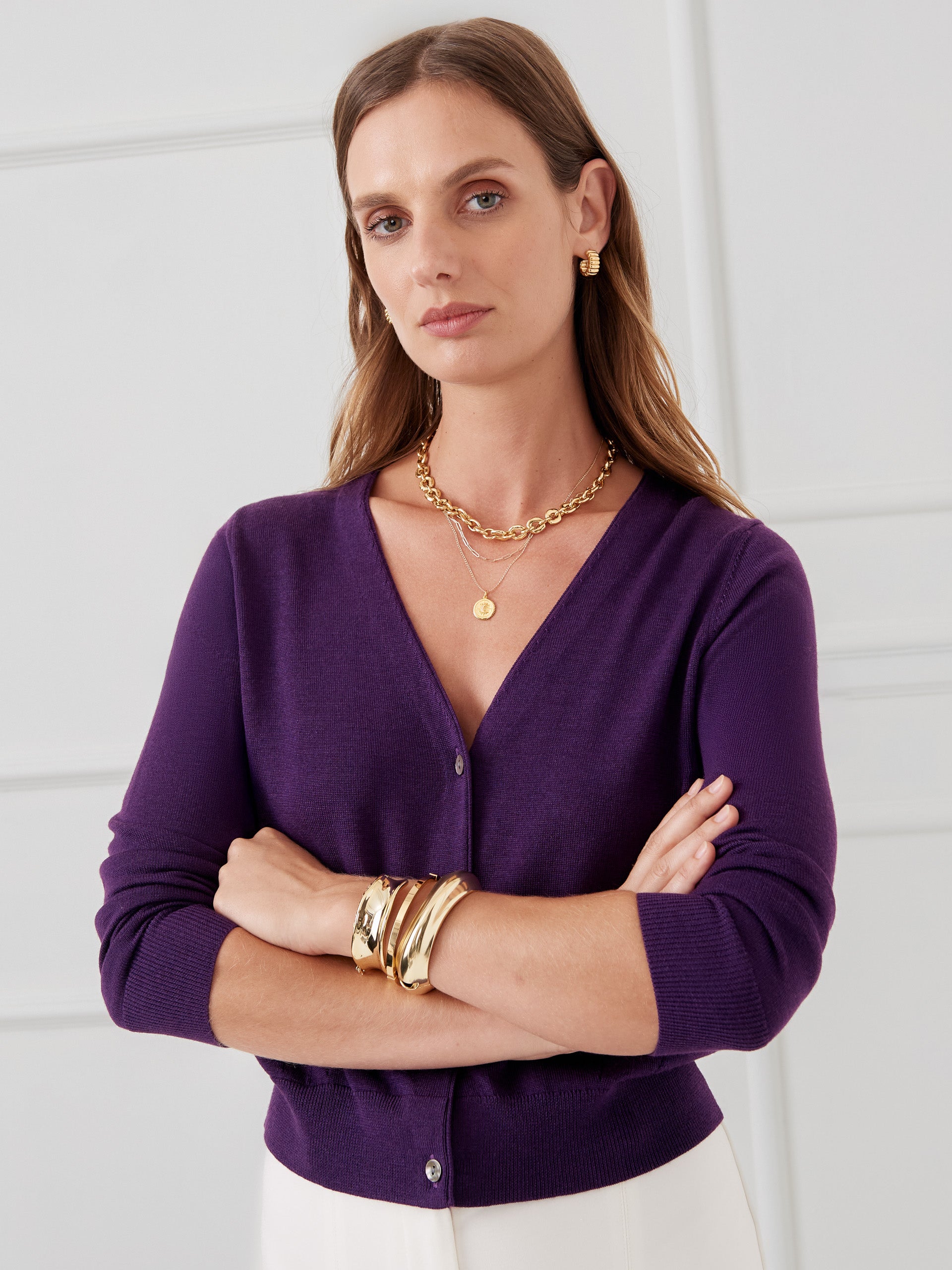 J.McLaughlin Olivette cardigan in purple made with merino wool and silk.