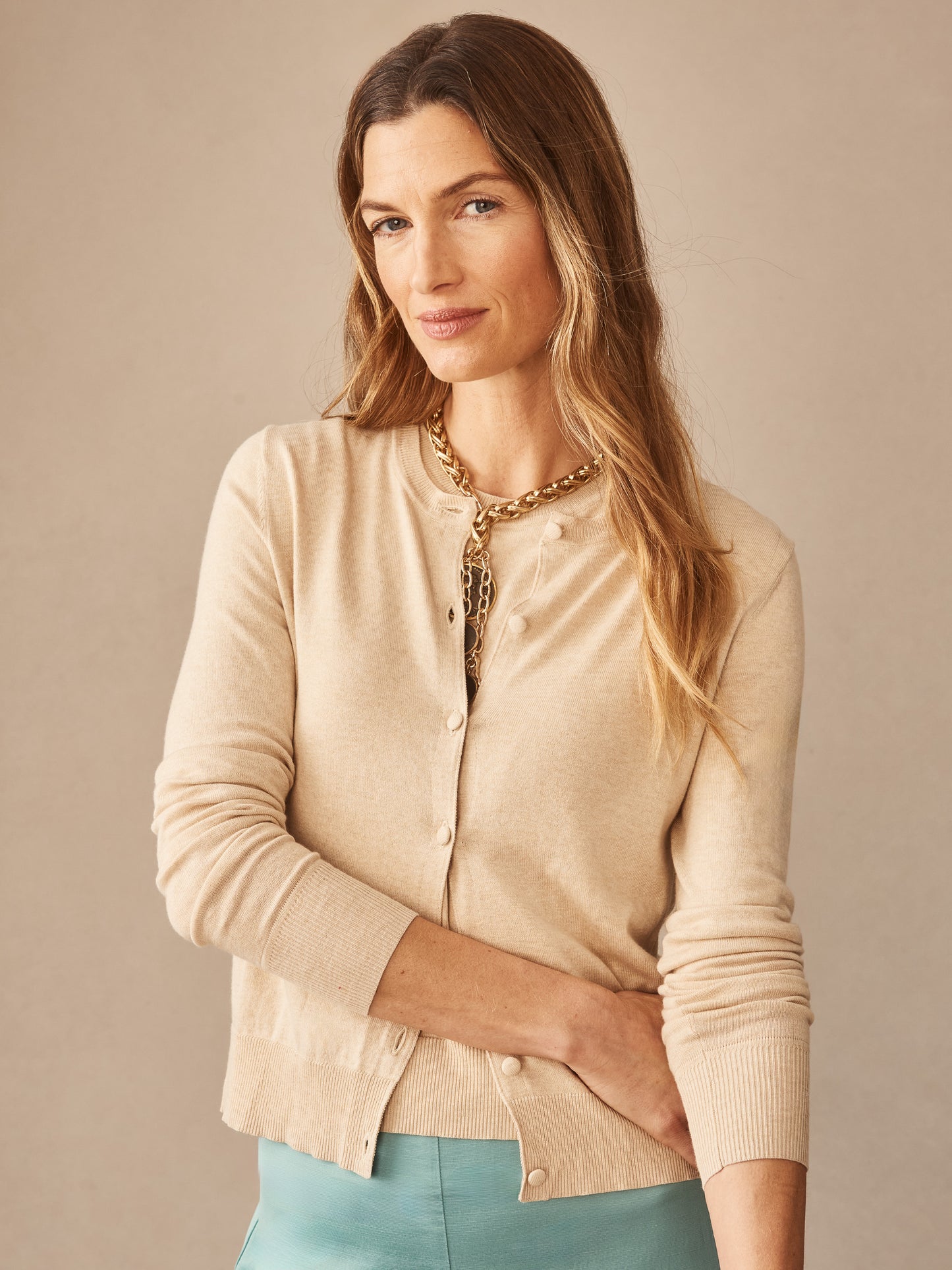 J.McLaughlin Pearl Cardigan in heather oatmeal made with cotton/modal.