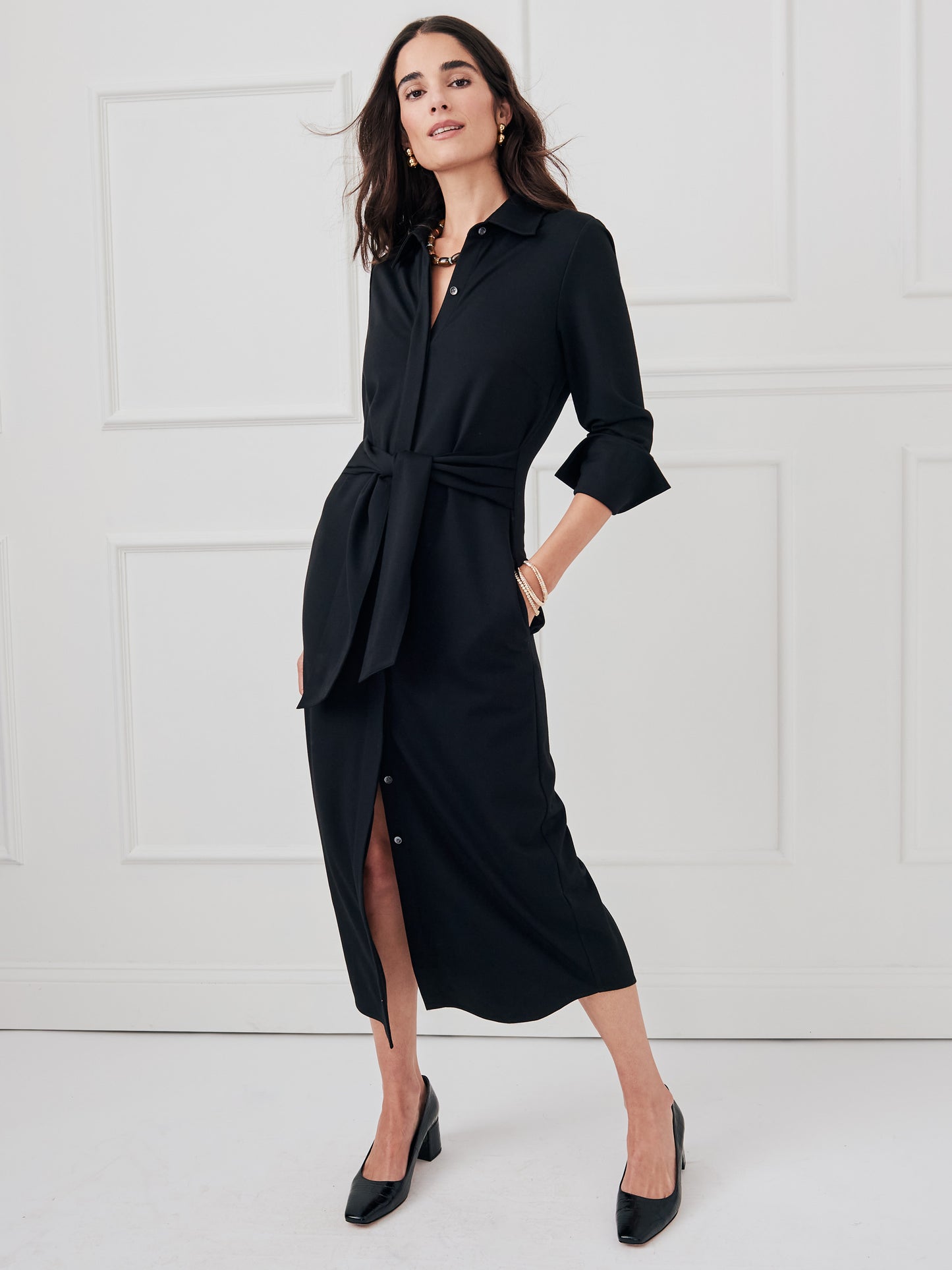 J.McLaughlin Orla dress in black made with bainbridge cloth. 