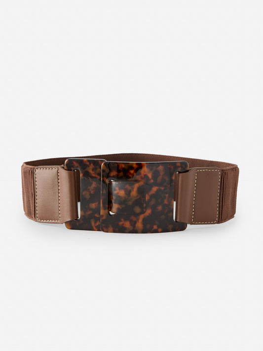 Orsay Tortoise Belt by J.McLaughlin featuring a stretch brown band with a glossy tortoise shell-style buckle, combining effortlessly stylish design and enduring quality.
