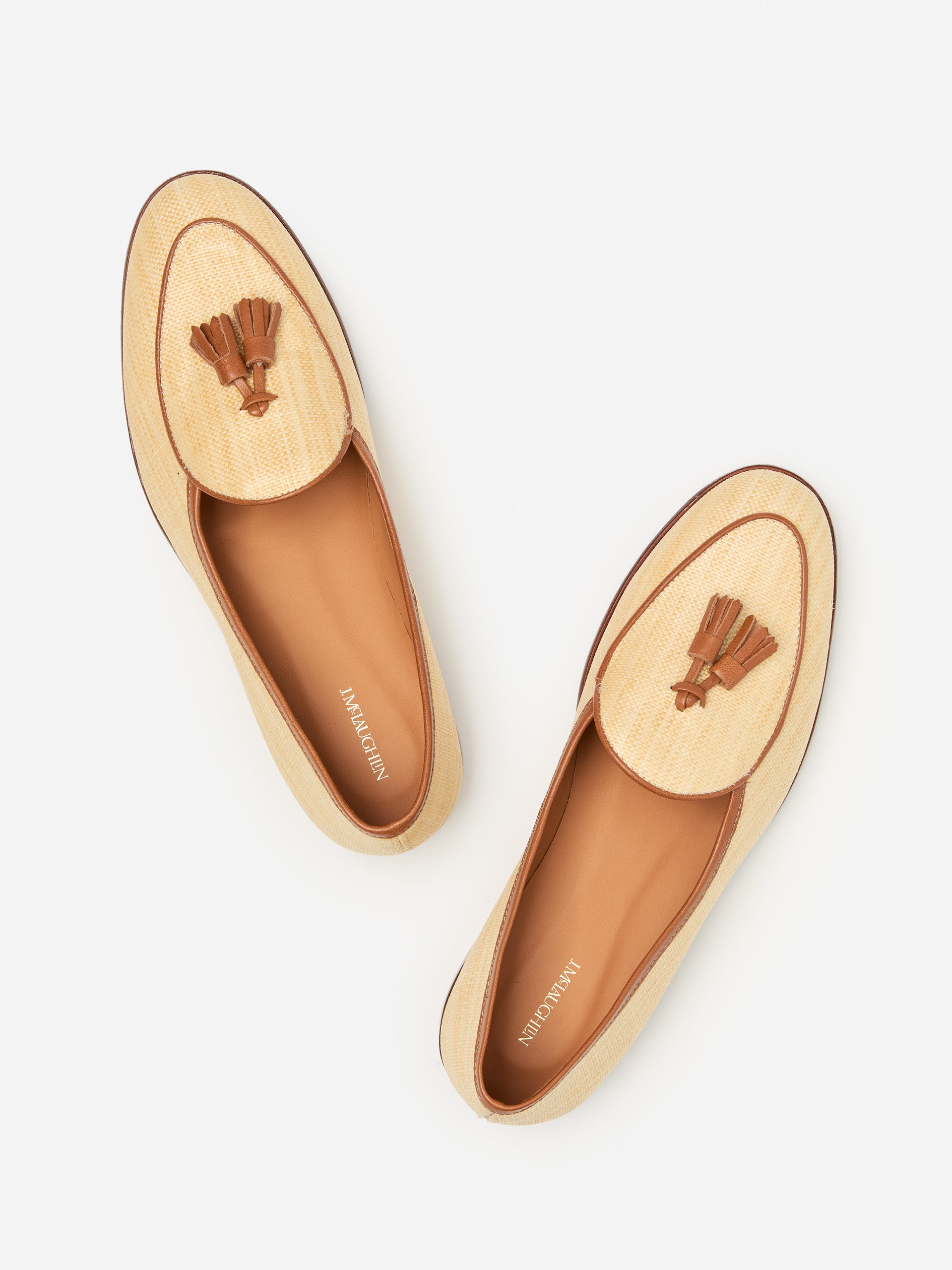 J.McLaughlin Oskar loafers in natural/brown made with grasscloth and leather.
