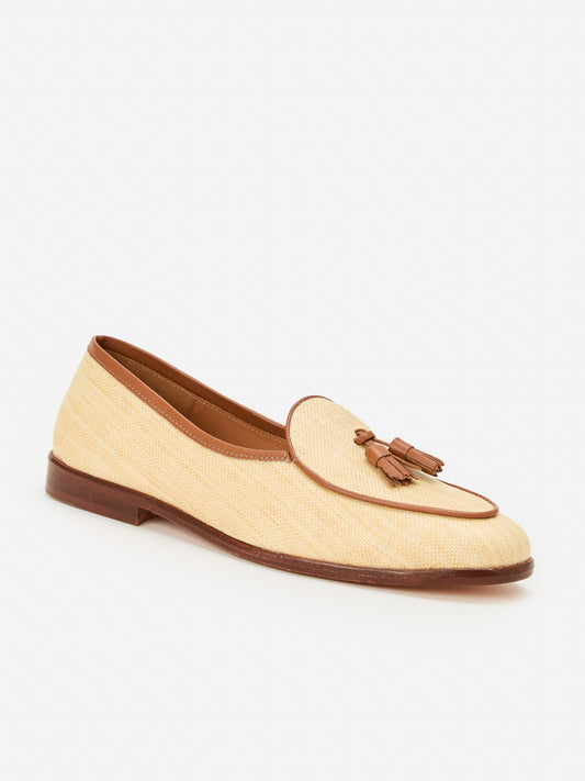 J.McLaughlin Oskar loafers in natural/brown made with grasscloth and leather.