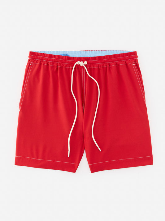 J.McLaughlin Outrigger swim trunks in Turkish red made with polyester and spandex.