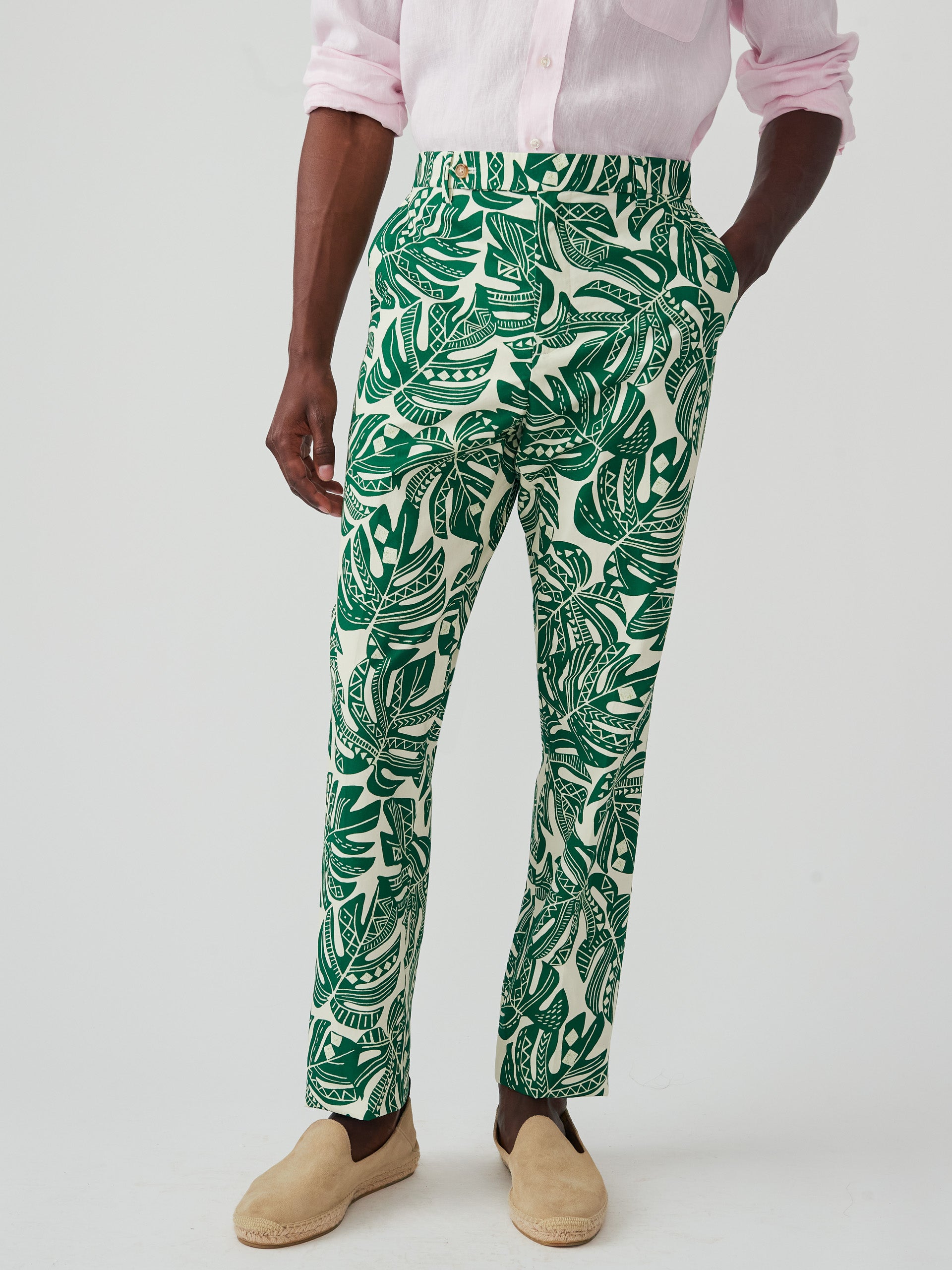 J.McLaughlin Oxford pants in off white/forest made with cotton. 