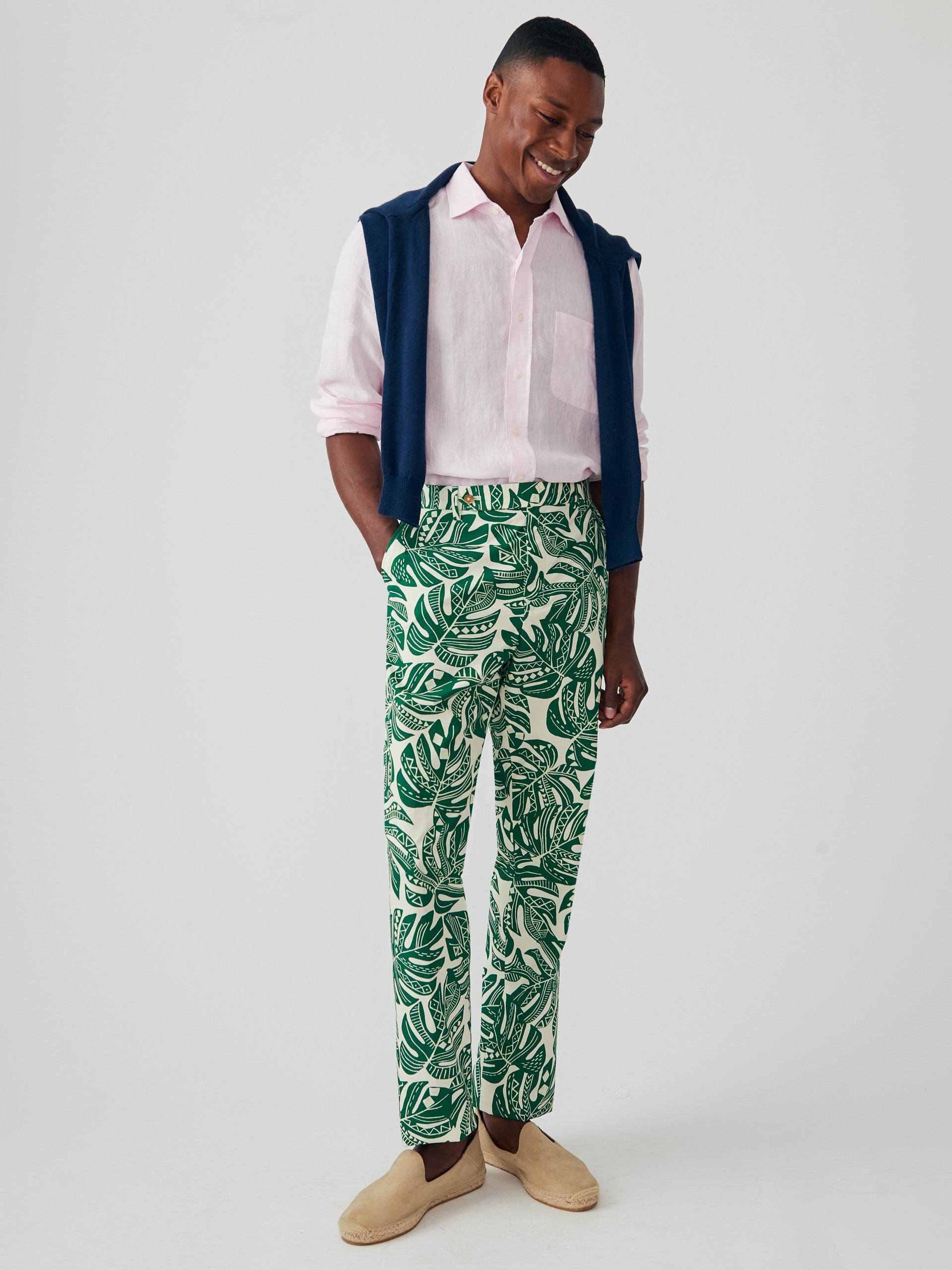 J.McLaughlin Oxford pants in off white/forest made with cotton. 
