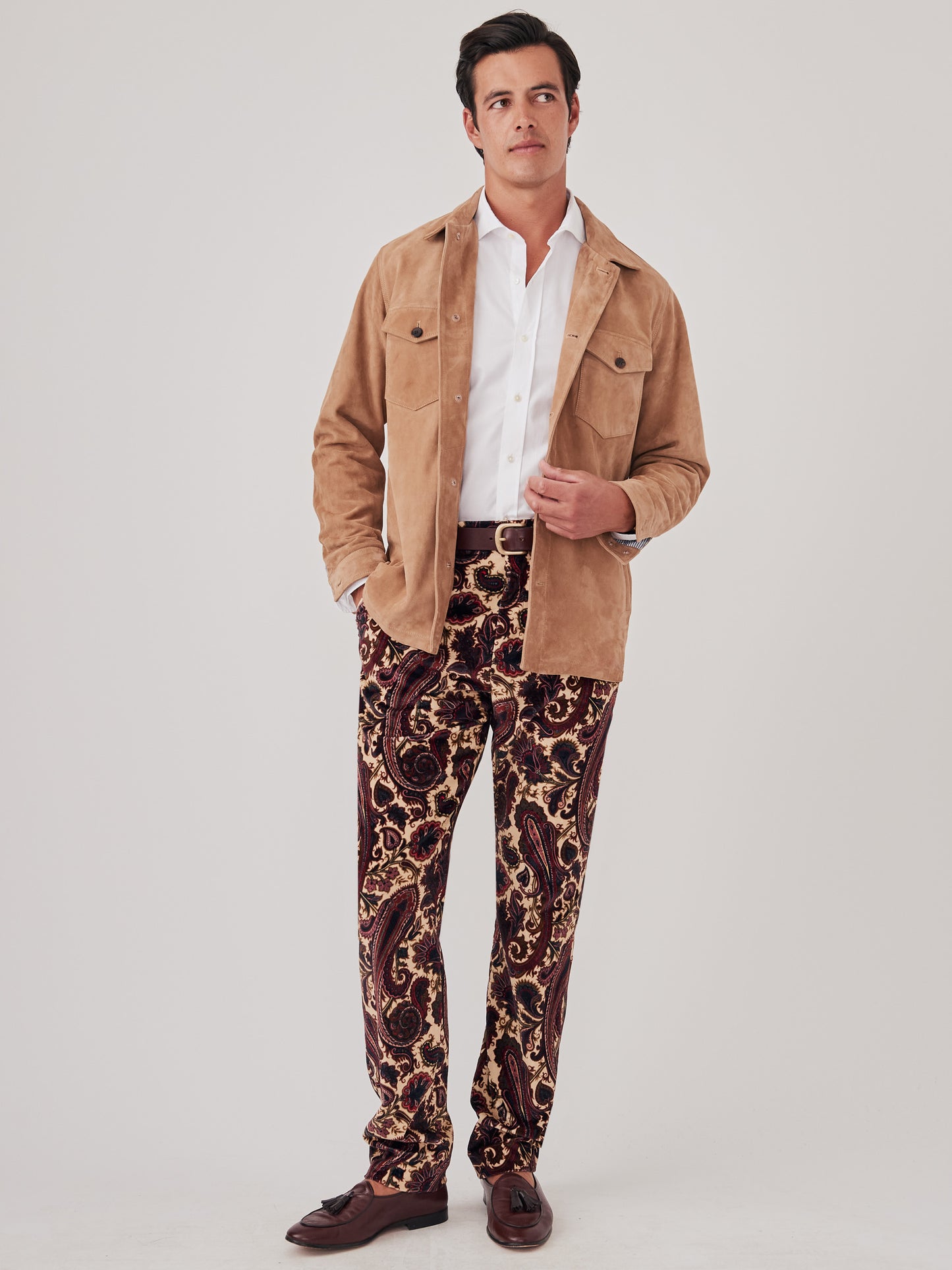 J.McLaughlin Oxford pants in ivory/mauve made with velvet.
