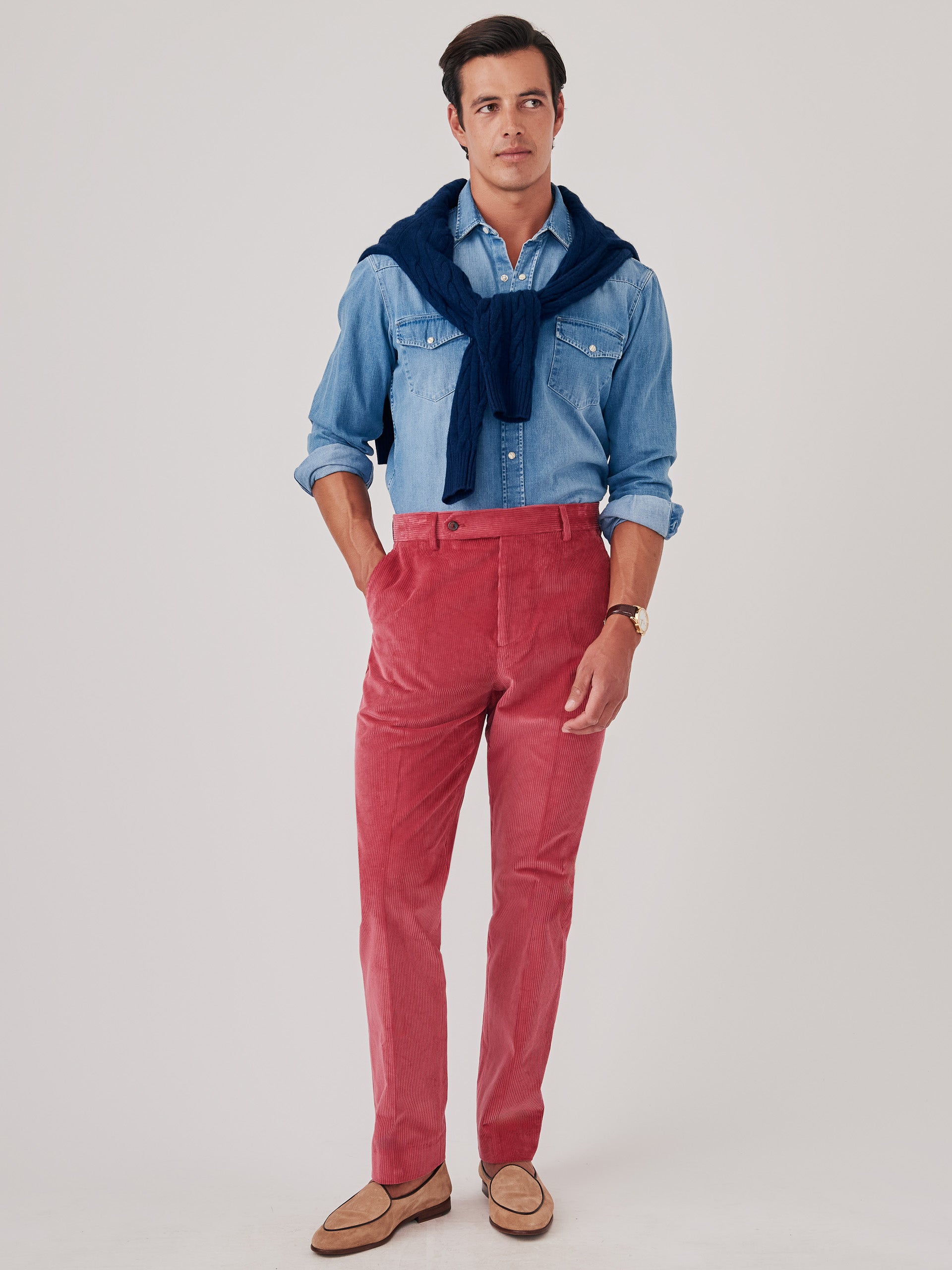 Model wearing J.McLaughlin Oxford pants in berry made with cotton corduroy