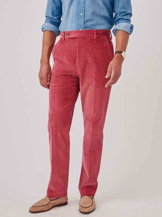 Model wearing J.McLaughlin Oxford pants in berry made with cotton corduroy