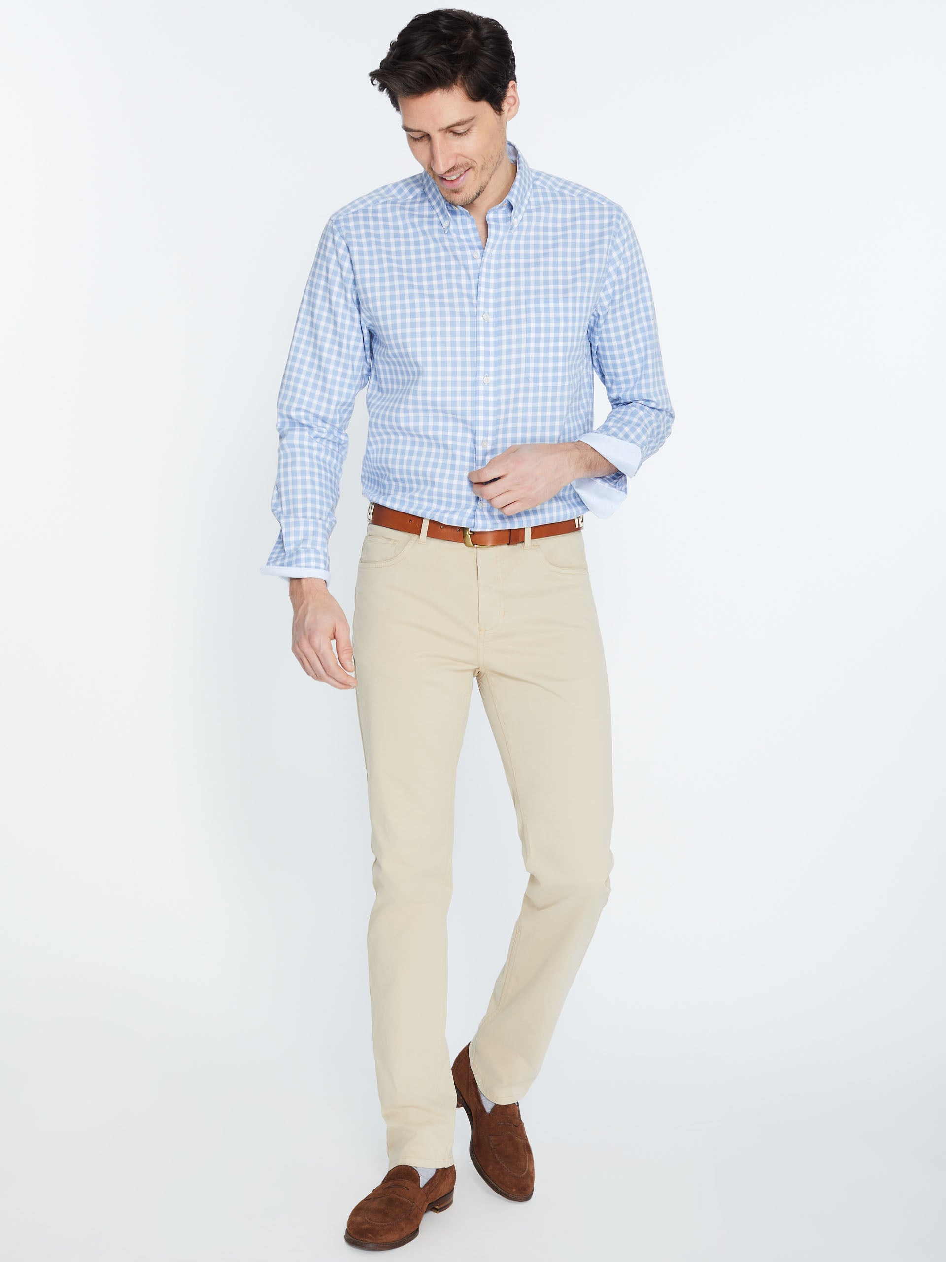 Model wearing J.McLaughlin Parker pants in stone made with cotton/spandex.