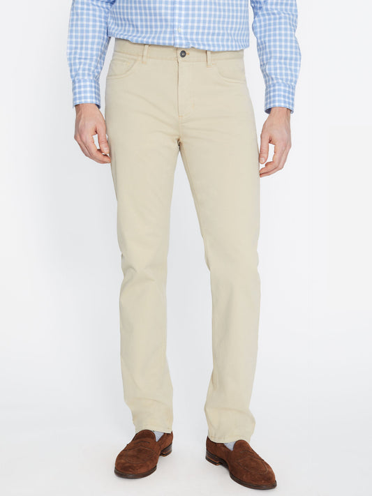 Model wearing J.McLaughlin Parker pants in stone made with cotton/spandex.