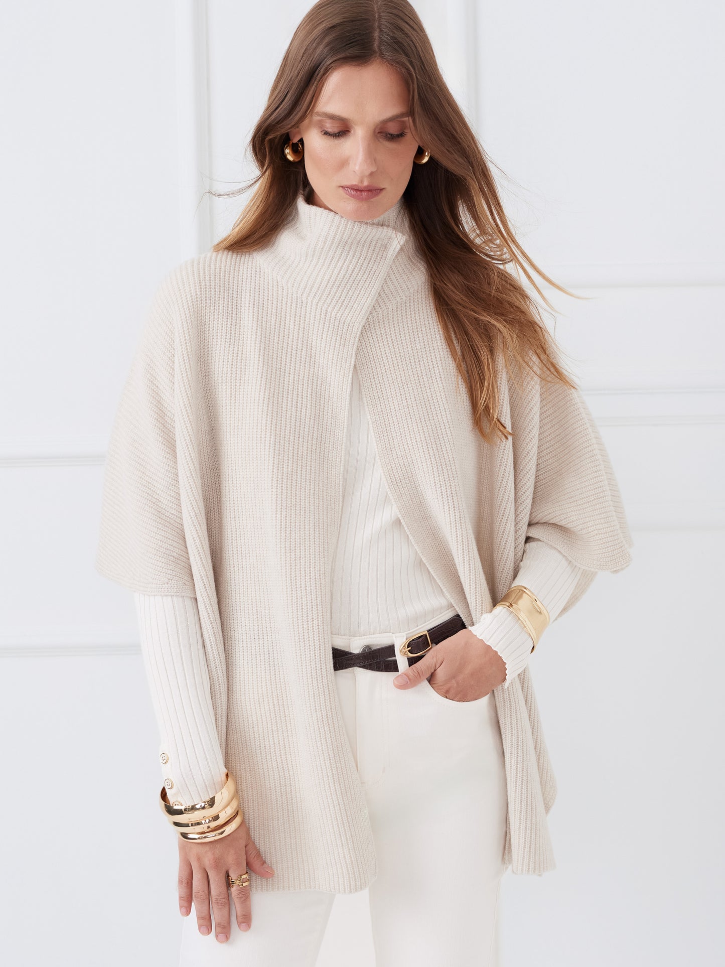 J.McLaughlin Philippa wrap in oat made with wool.