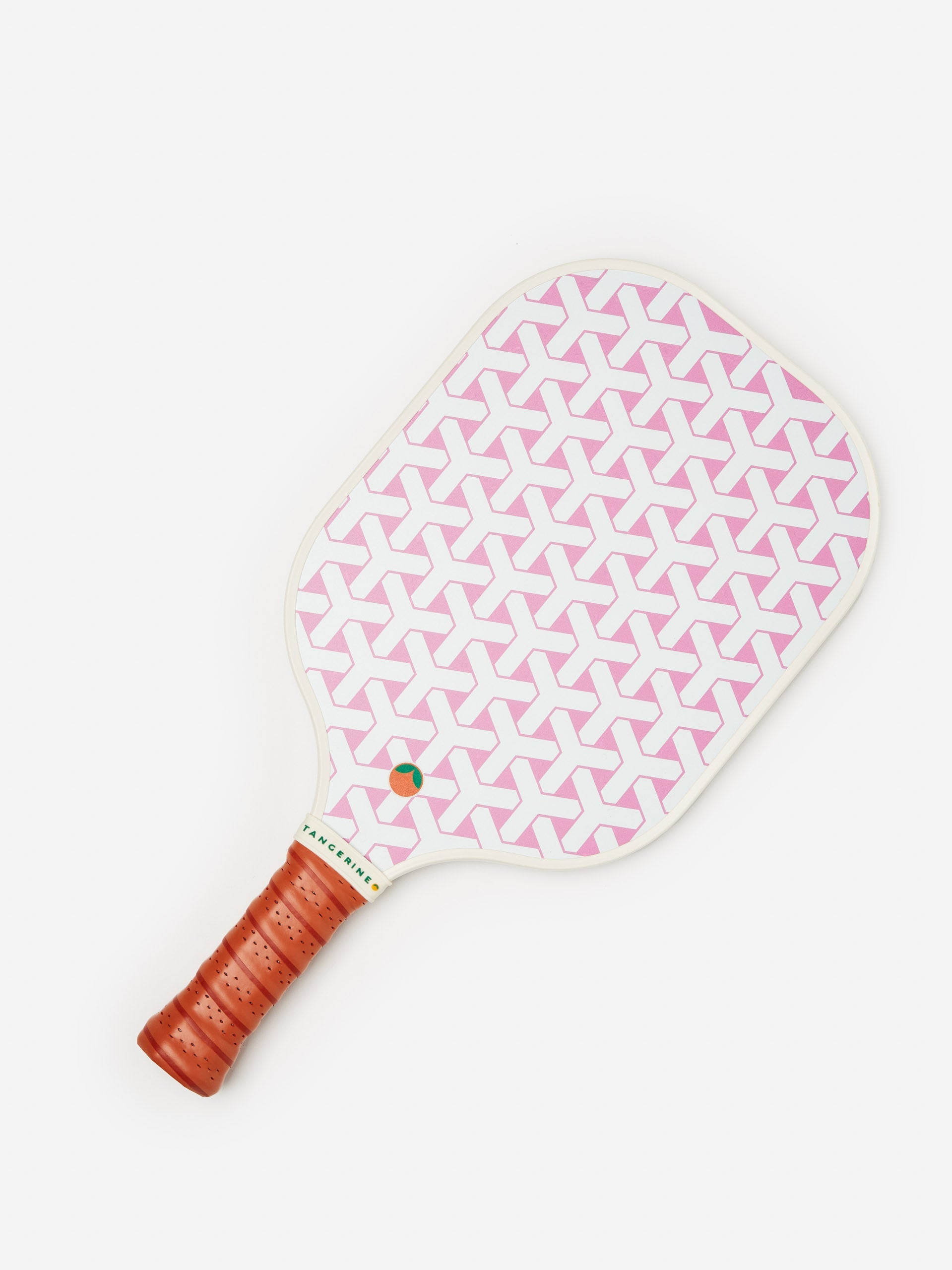 J.McLaughlin pickleball paddle in white/pink made with a honeycomb core and fiberglass surface.