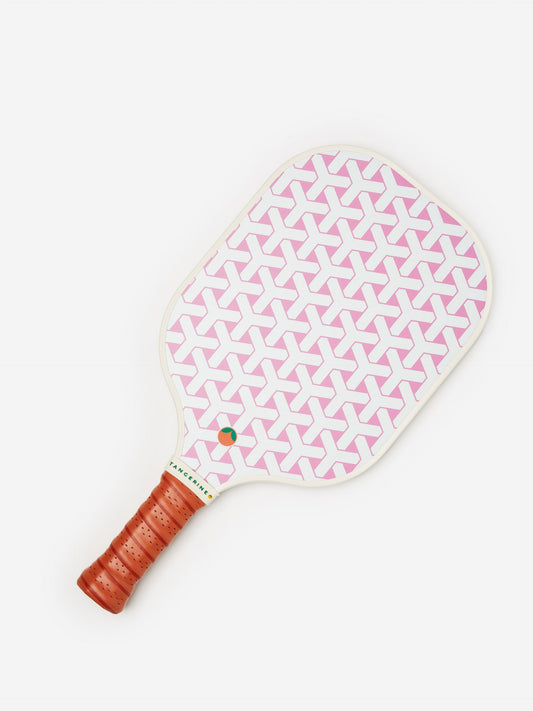 J.McLaughlin pickleball paddle in white/pink made with a honeycomb core and fiberglass surface.