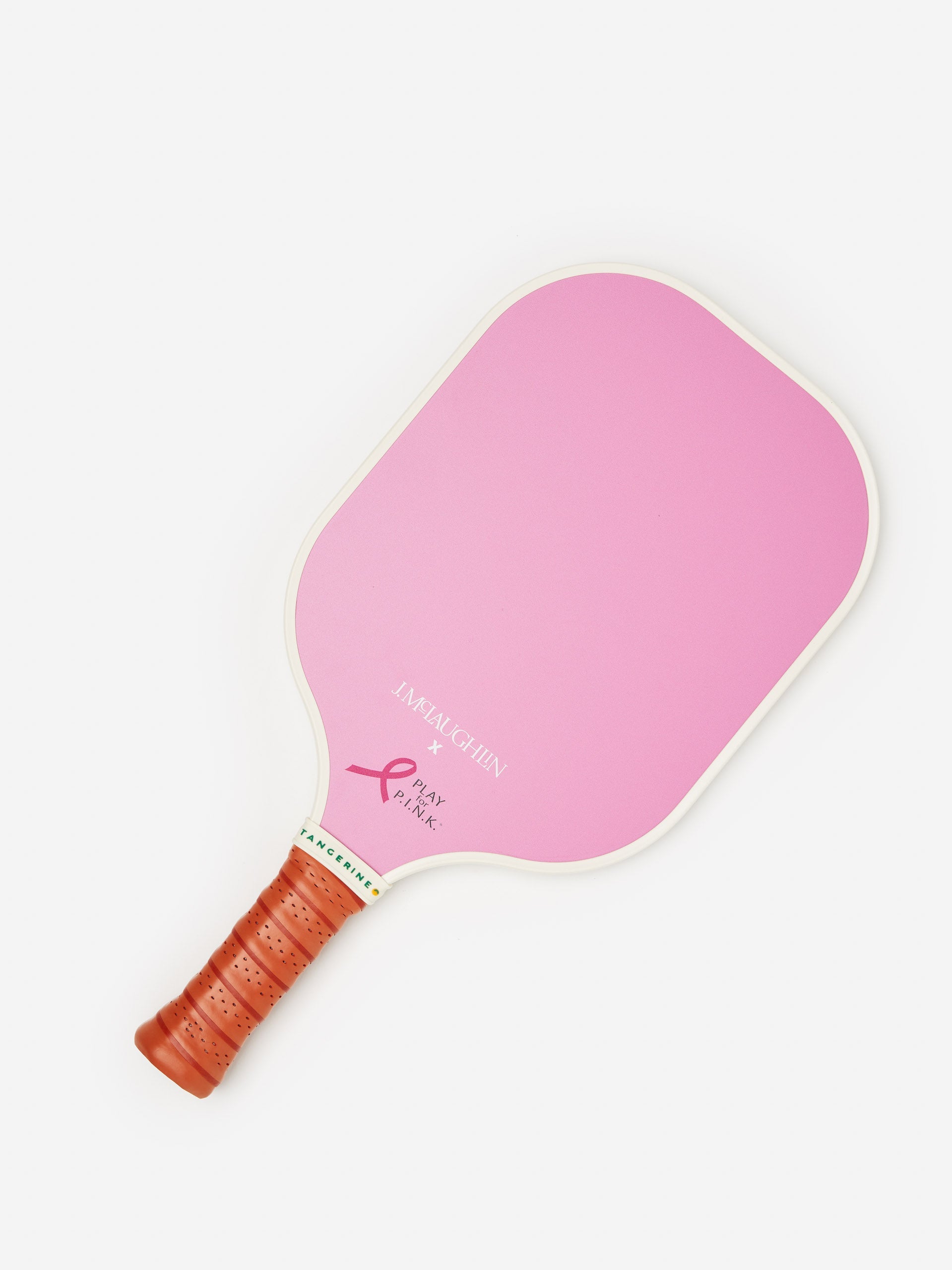 J.McLaughlin pickleball paddle in white/pink made with a honeycomb core and fiberglass surface.