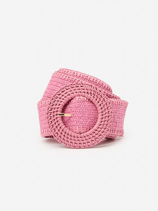 J.McLaughlin Popie belt in pink made with grasscloth and raffia.
