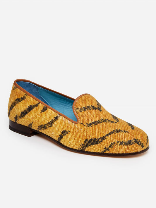 J.McLaughlin Slippers in tan made with upholstery fabric.