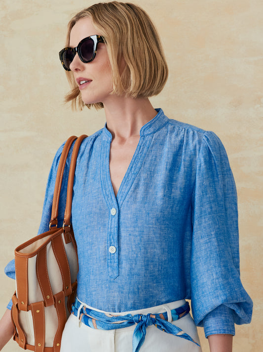 J.McLaughlin Rashell top in marine blue made with linen. 