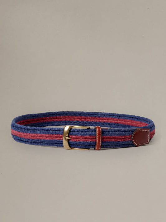Ray Belt by J.McLaughlin woven navy and red belt with brass buckle and leather keeper for effortlessly stylish pairing with jeans and chinos