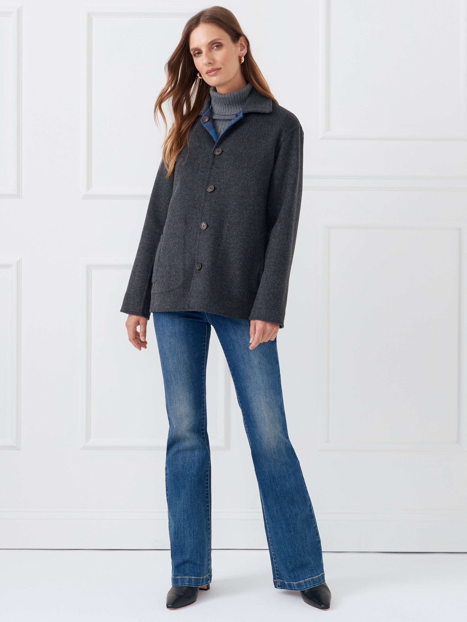 J.McLaughlin Reid coat in charcoal made with wool. 