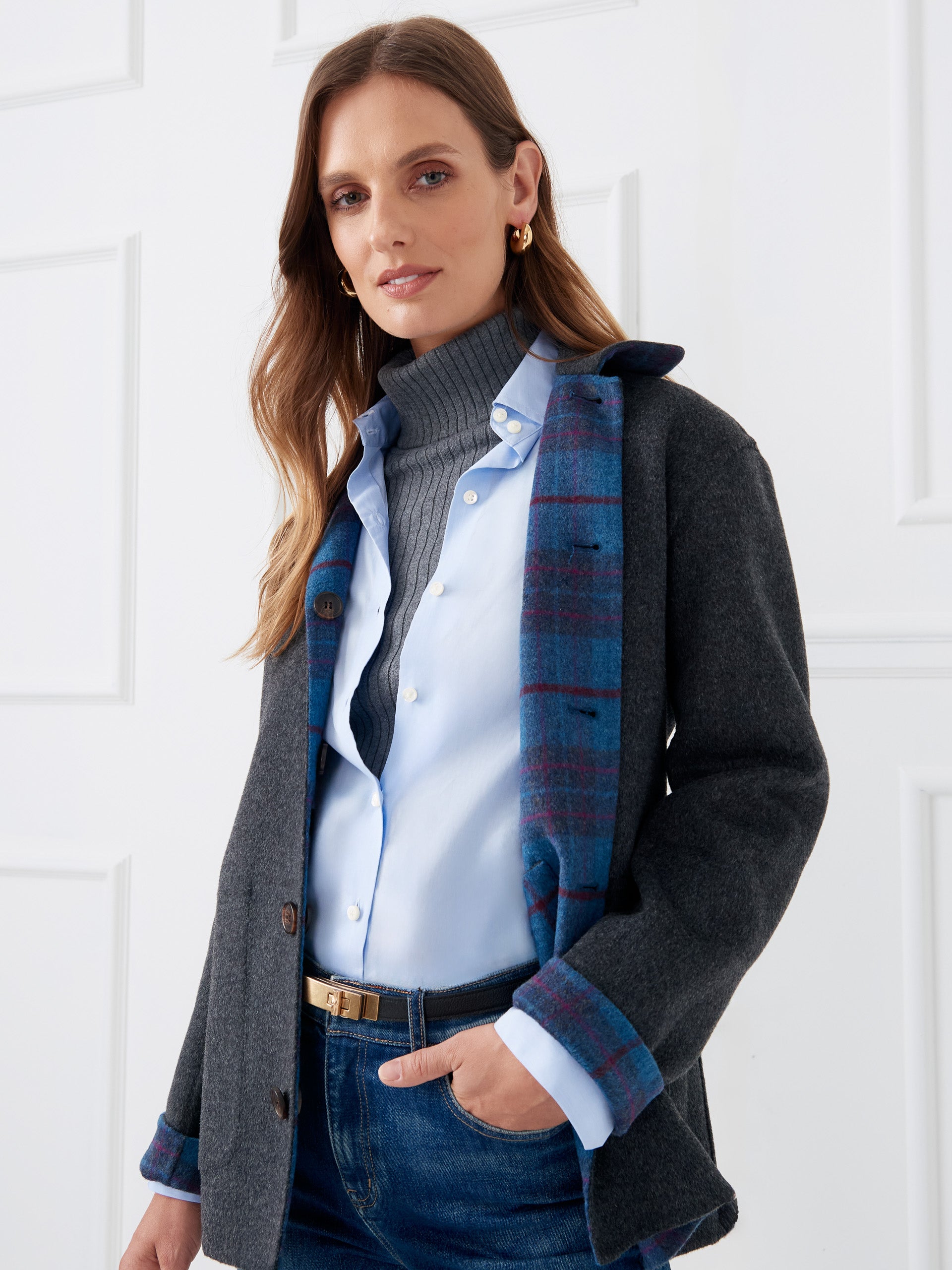 J.McLaughlin Reid coat in charcoal made with wool. 