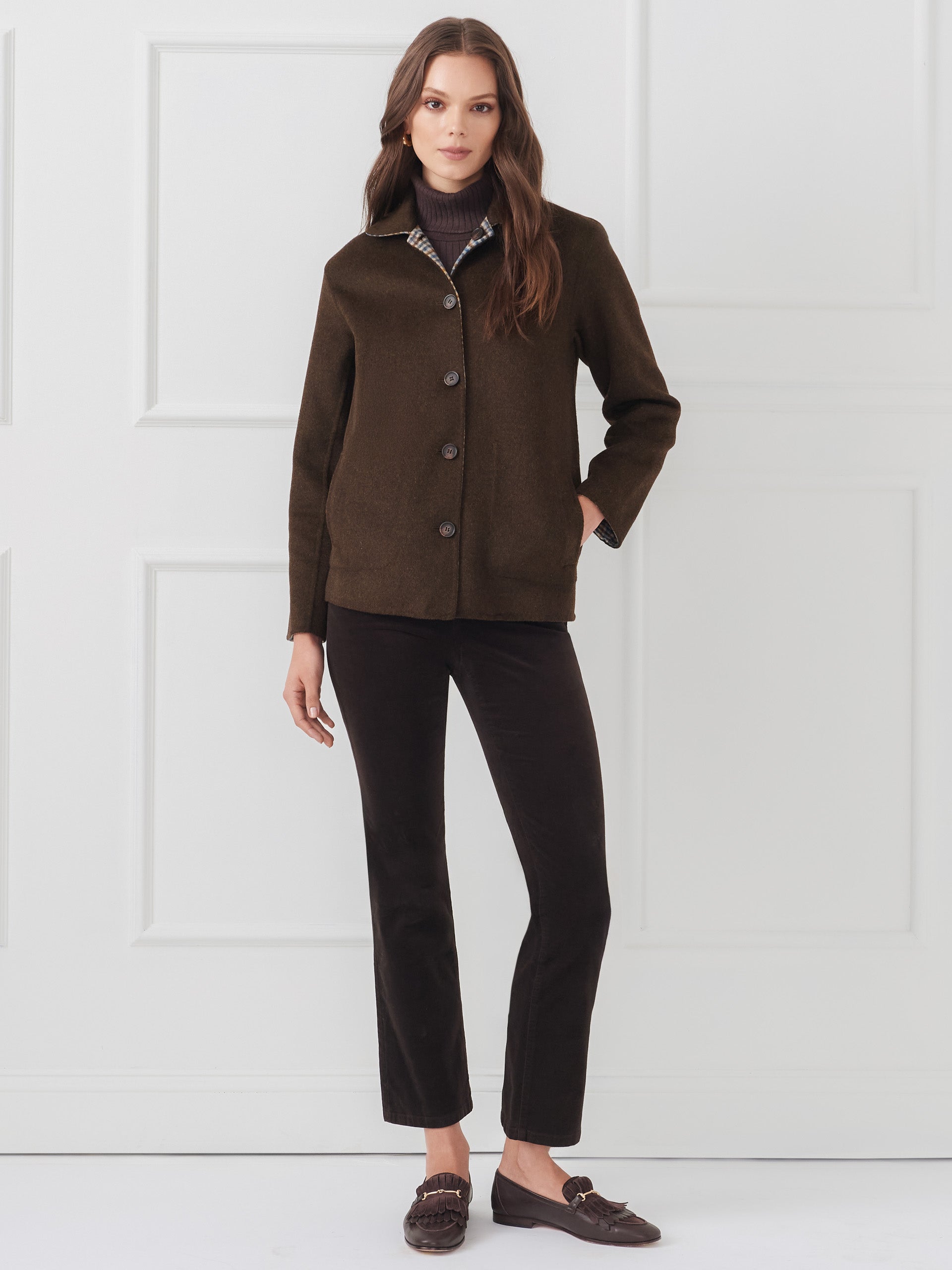 J.McLaughlin Reed coat in dark coffee made with wool.