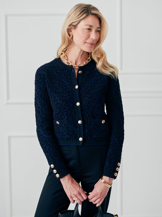 J.McLaughlin Reva sweater in black/navy made with polyester. 
