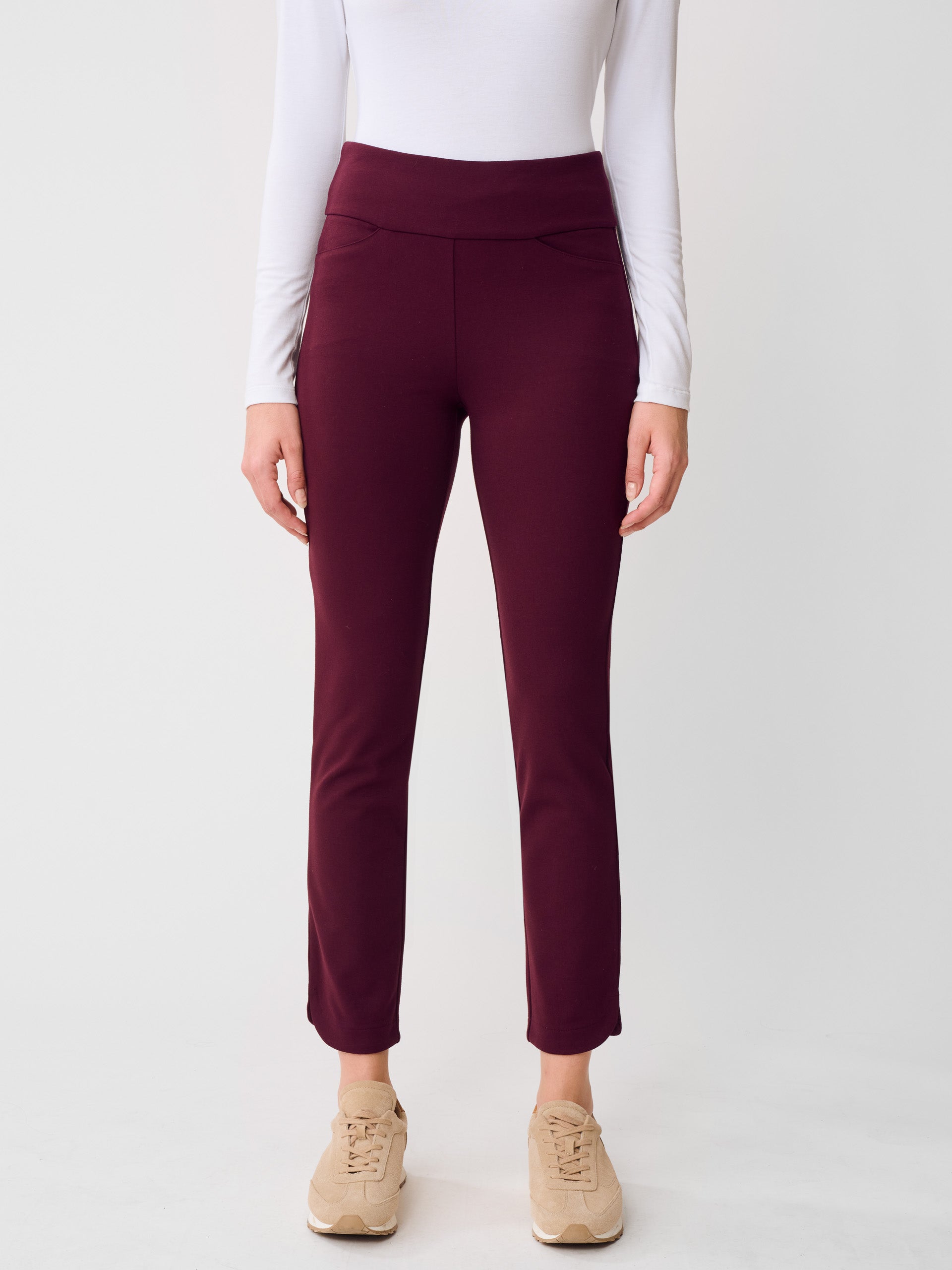 J.McLaughlin Romilly pants in Burgundy made with Bainbridge Cloth. 