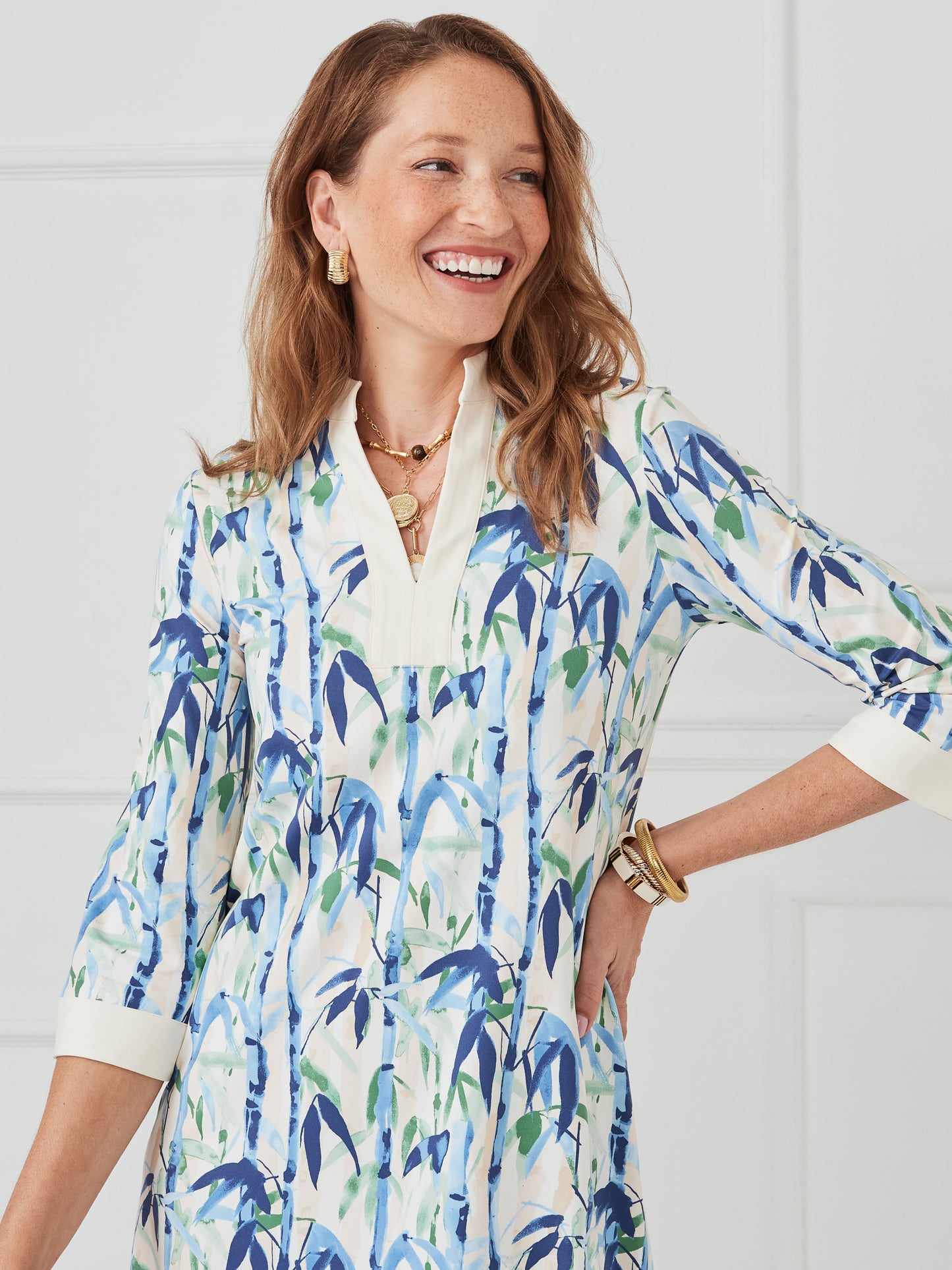 J.McLaughlin Rosie dress in blue/green made with catalina cloth.