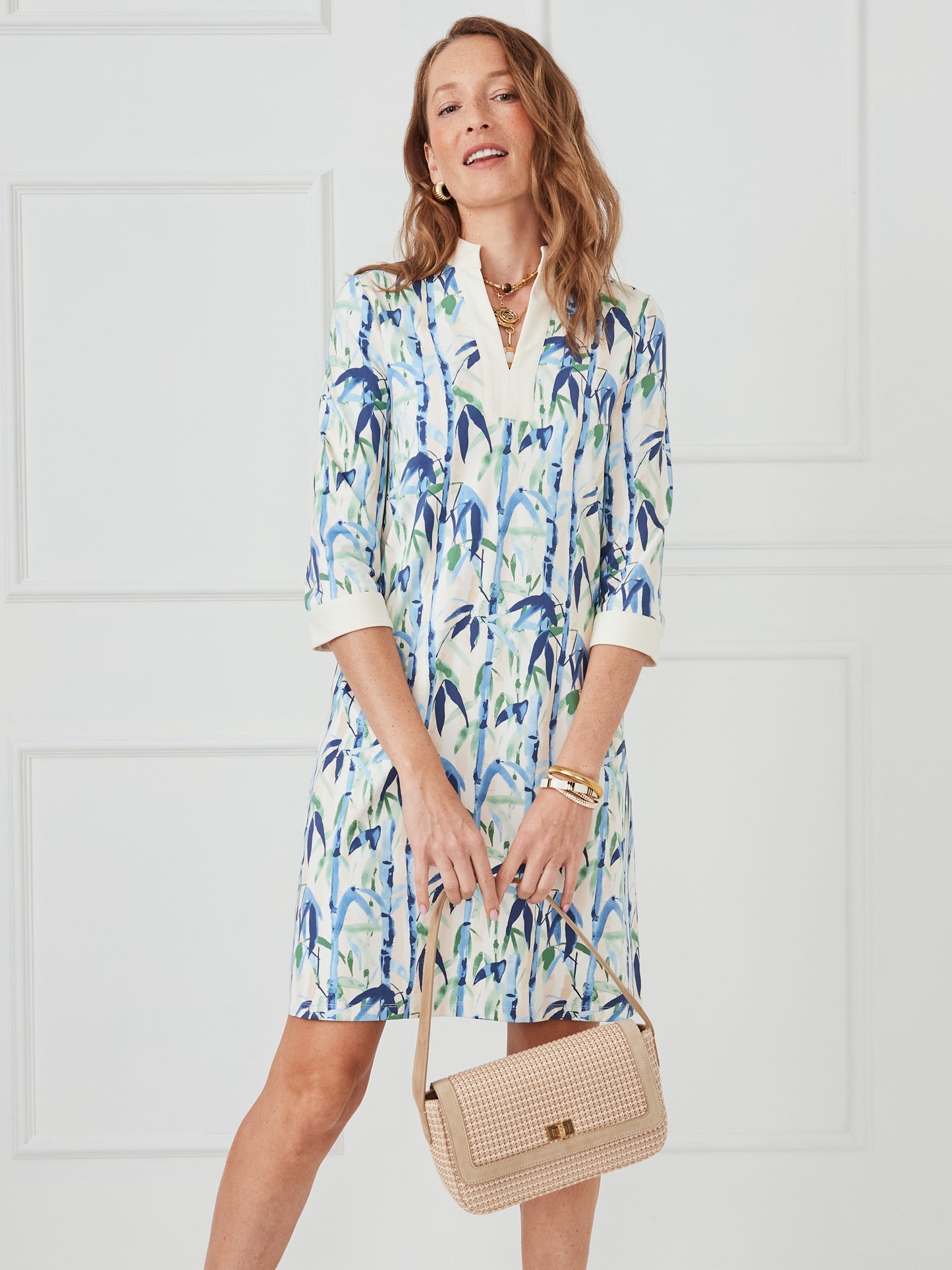 J.McLaughlin Rosie dress in blue/green made with catalina cloth.